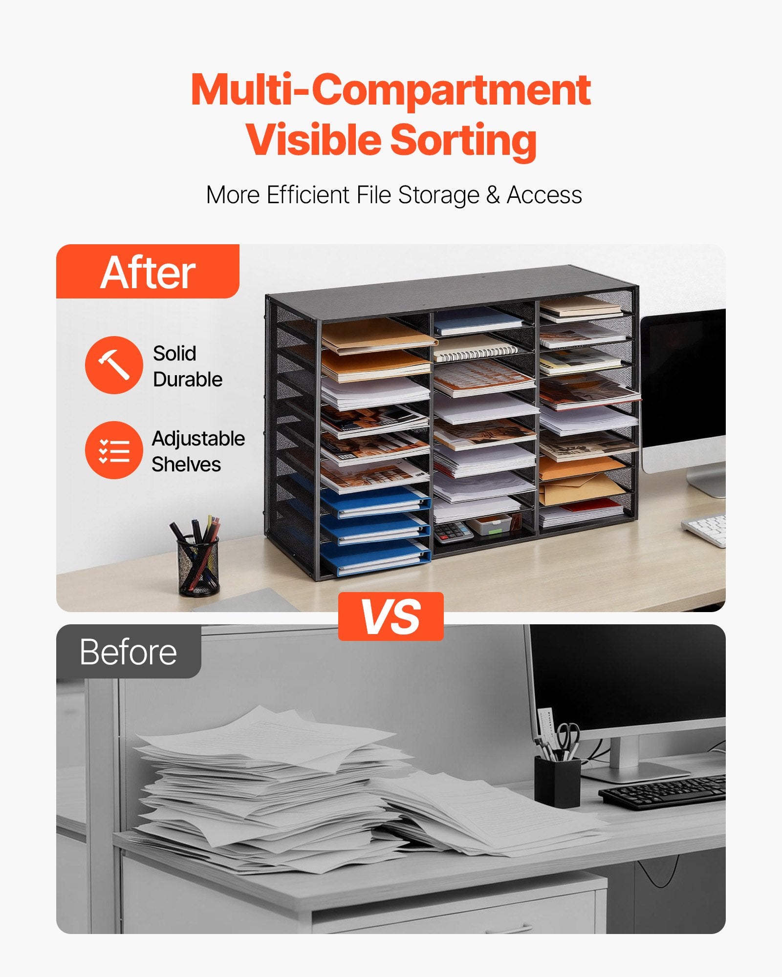 27-Compartment Metal Literature Organizer with Detachable Wire Mesh and Wooden Top for Office Mail, Documents, and Paper Storage - Black, Heavy-Duty, Versatile, Easy Assembly, Countertop Solution