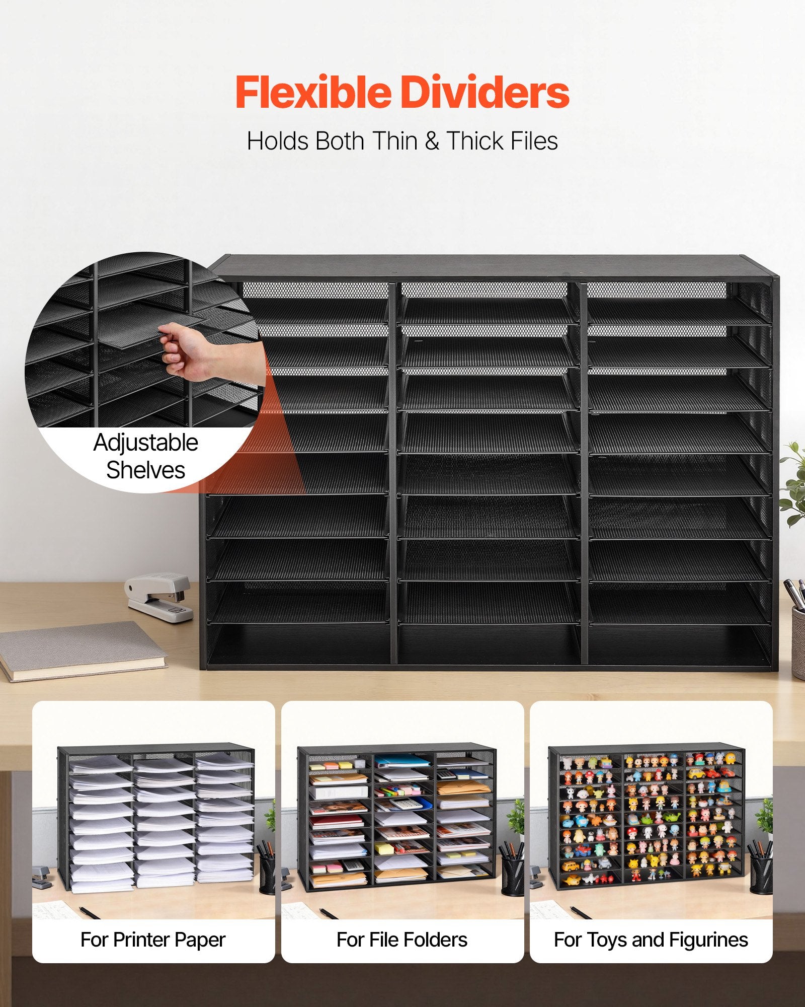 27-Compartment Metal Literature Organizer with Detachable Wire Mesh and Wooden Top for Office Mail, Documents, and Paper Storage - Black, Heavy-Duty, Versatile, Easy Assembly, Countertop Solution