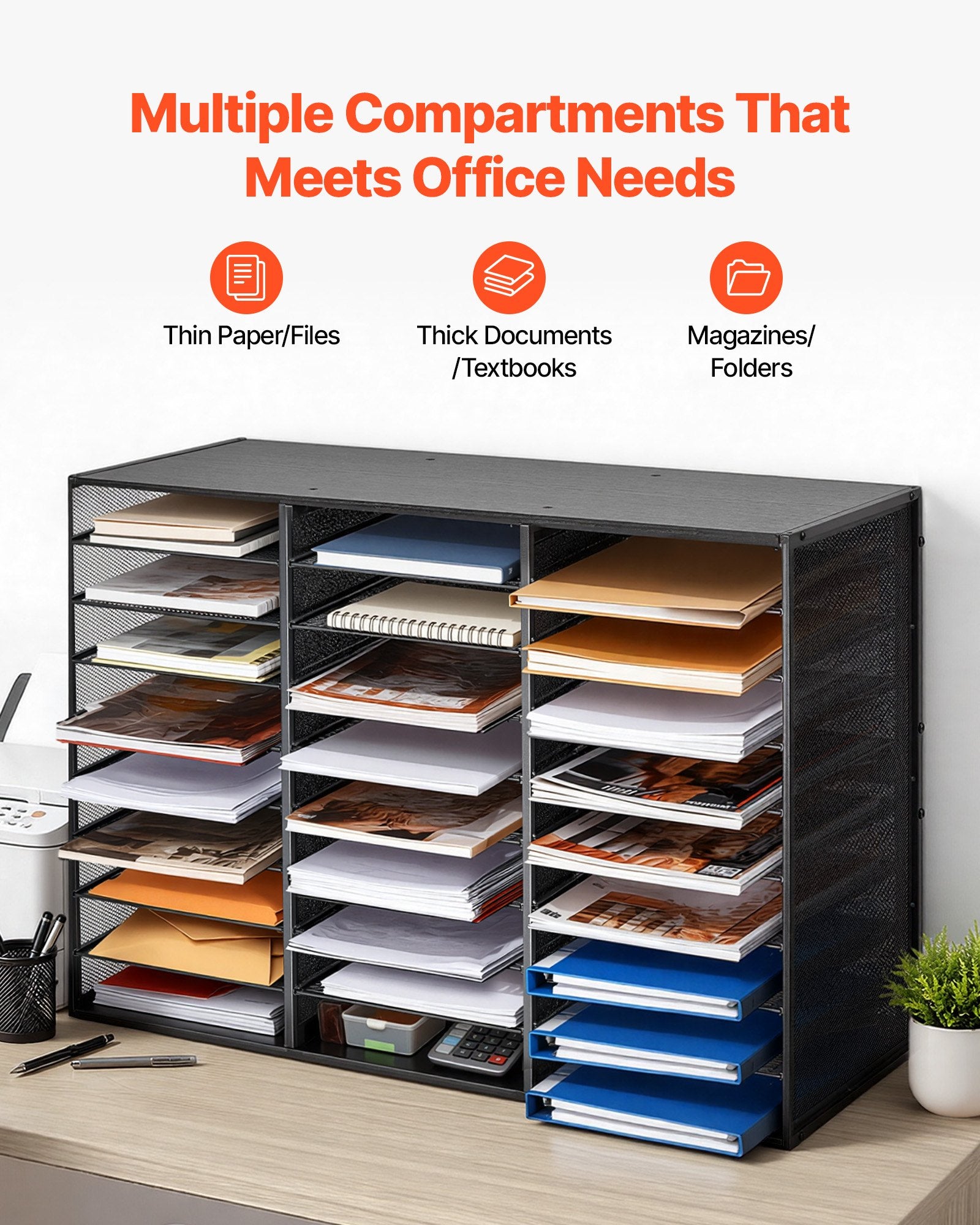 27-Compartment Metal Literature Organizer with Detachable Wire Mesh and Wooden Top for Office Mail, Documents, and Paper Storage - Black, Heavy-Duty, Versatile, Easy Assembly, Countertop Solution