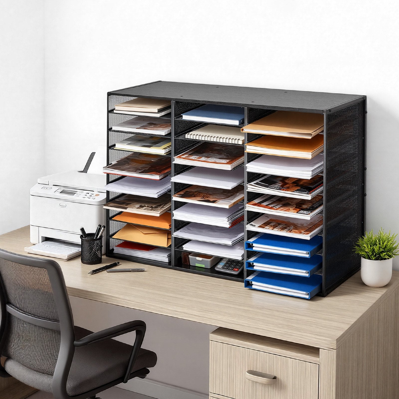 27-Compartment Metal Literature Organizer with Detachable Wire Mesh and Wooden Top for Office Mail, Documents, and Paper Storage - Black, Heavy-Duty, Versatile, Easy Assembly, Countertop Solution