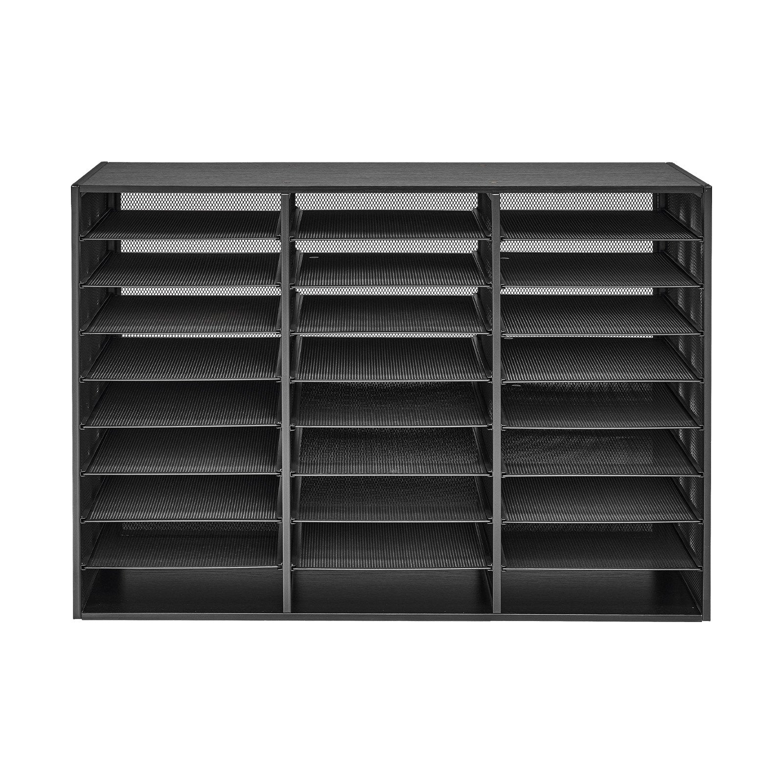 27-Compartment Metal Literature Organizer with Detachable Wire Mesh and Wooden Top for Office Mail, Documents, and Paper Storage - Black, Heavy-Duty, Versatile, Easy Assembly, Countertop Solution