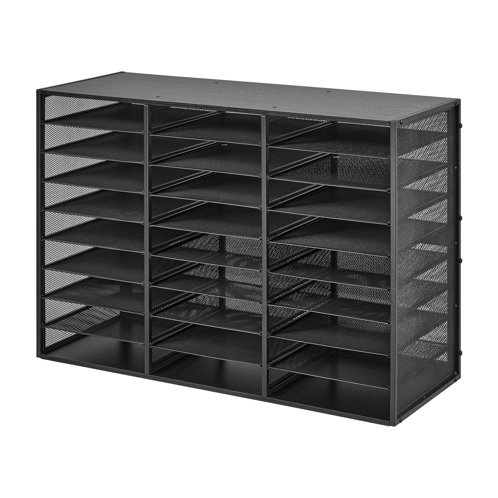 27-Compartment Metal Literature Organizer with Detachable Wire Mesh and Wooden Top for Office Mail, Documents, and Paper Storage - Black, Heavy-Duty, Versatile, Easy Assembly, Countertop Solution