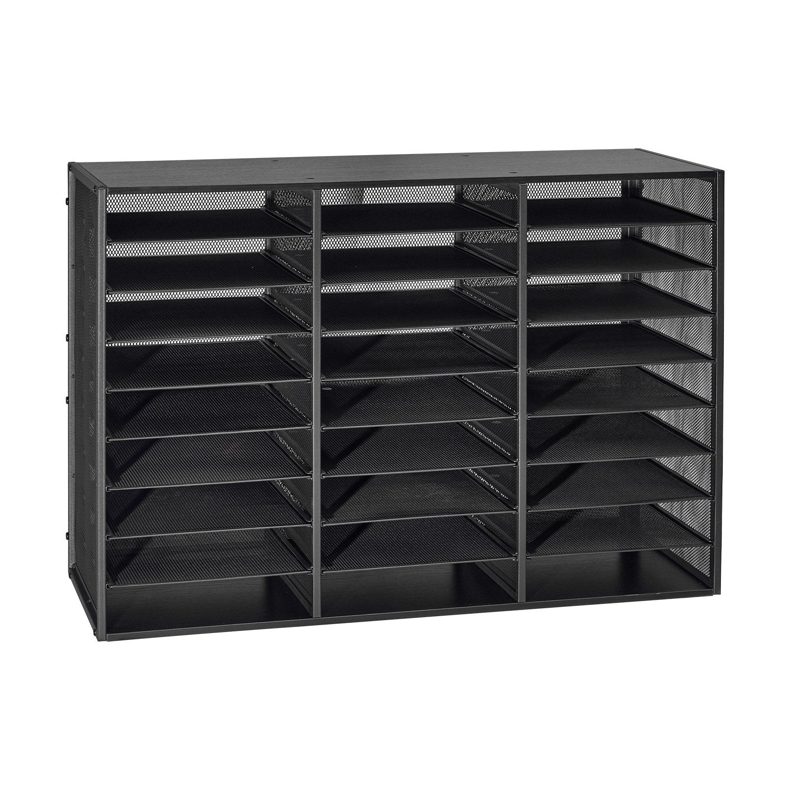 27-Compartment Metal Literature Organizer with Detachable Wire Mesh and Wooden Top for Office Mail, Documents, and Paper Storage - Black, Heavy-Duty, Versatile, Easy Assembly, Countertop Solution