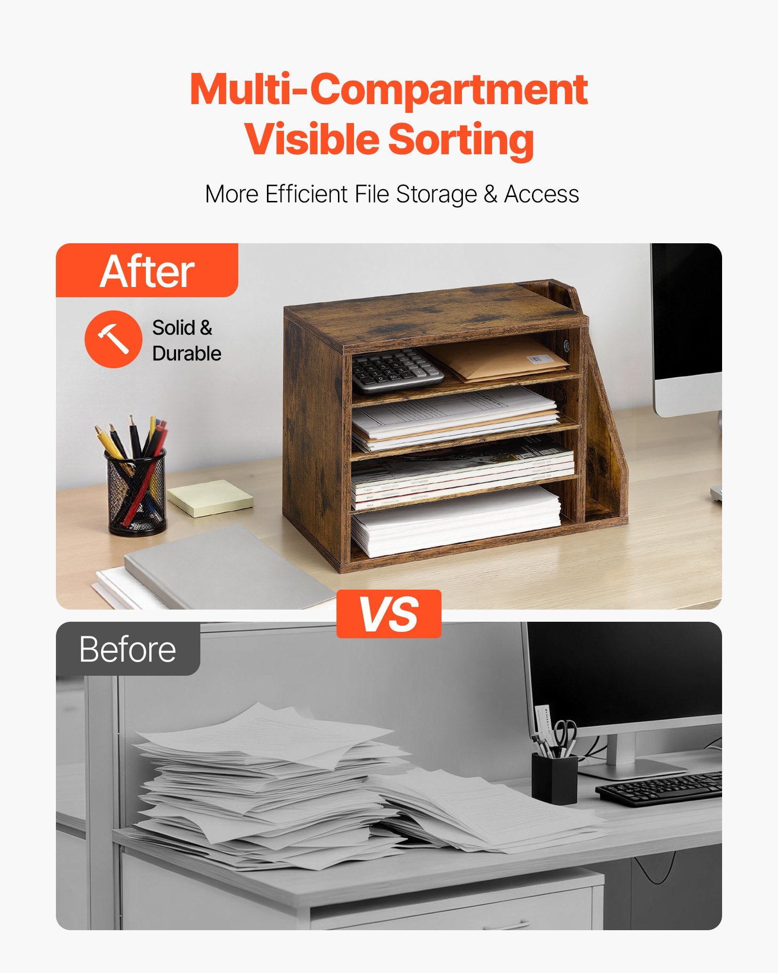 4 Compartment Wooden Mailbox Sorter with Detachable Shelves, Countertop Office Organizer for Files, Documents, Papers, and Vertical Storage