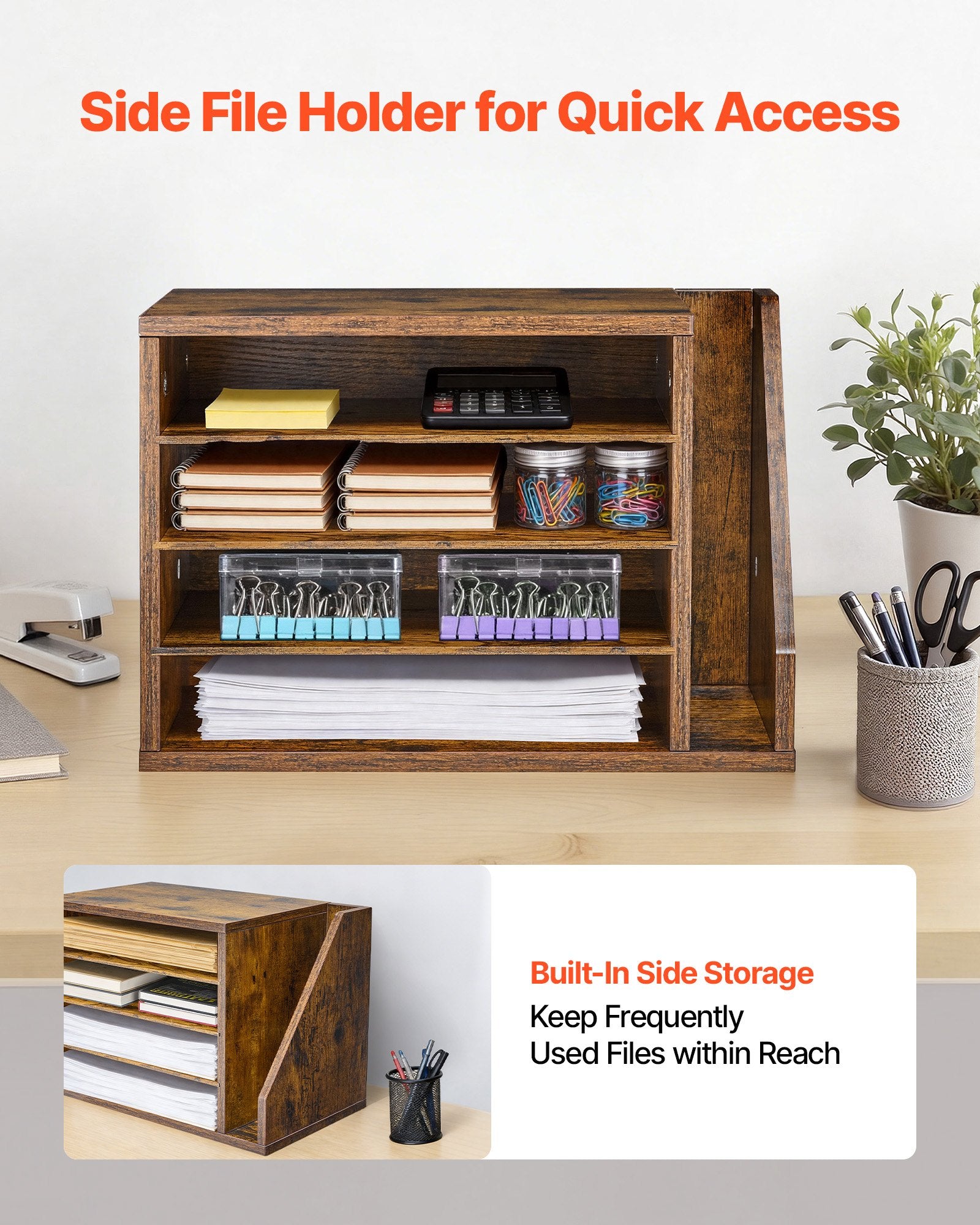 4 Compartment Wooden Mailbox Sorter with Detachable Shelves, Countertop Office Organizer for Files, Documents, Papers, and Vertical Storage