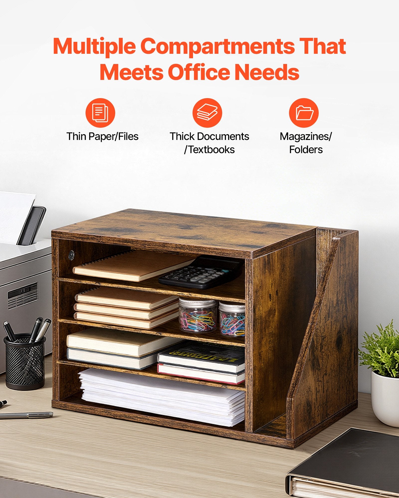 4 Compartment Wooden Mailbox Sorter with Detachable Shelves, Countertop Office Organizer for Files, Documents, Papers, and Vertical Storage