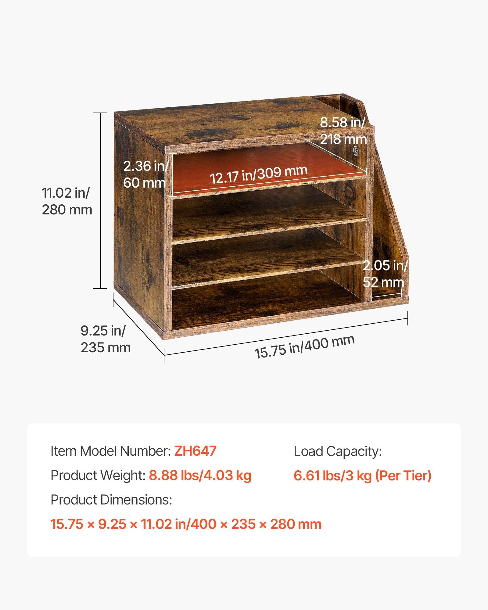 4 Compartment Wooden Mailbox Sorter with Detachable Shelves, Countertop Office Organizer for Files, Documents, Papers, and Vertical Storage