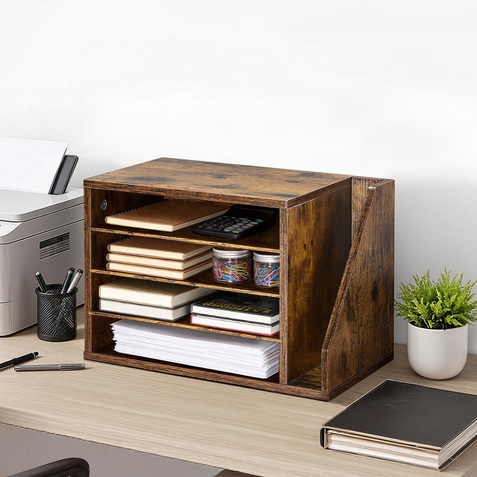4 Compartment Wooden Mailbox Sorter with Detachable Shelves, Countertop Office Organizer for Files, Documents, Papers, and Vertical Storage