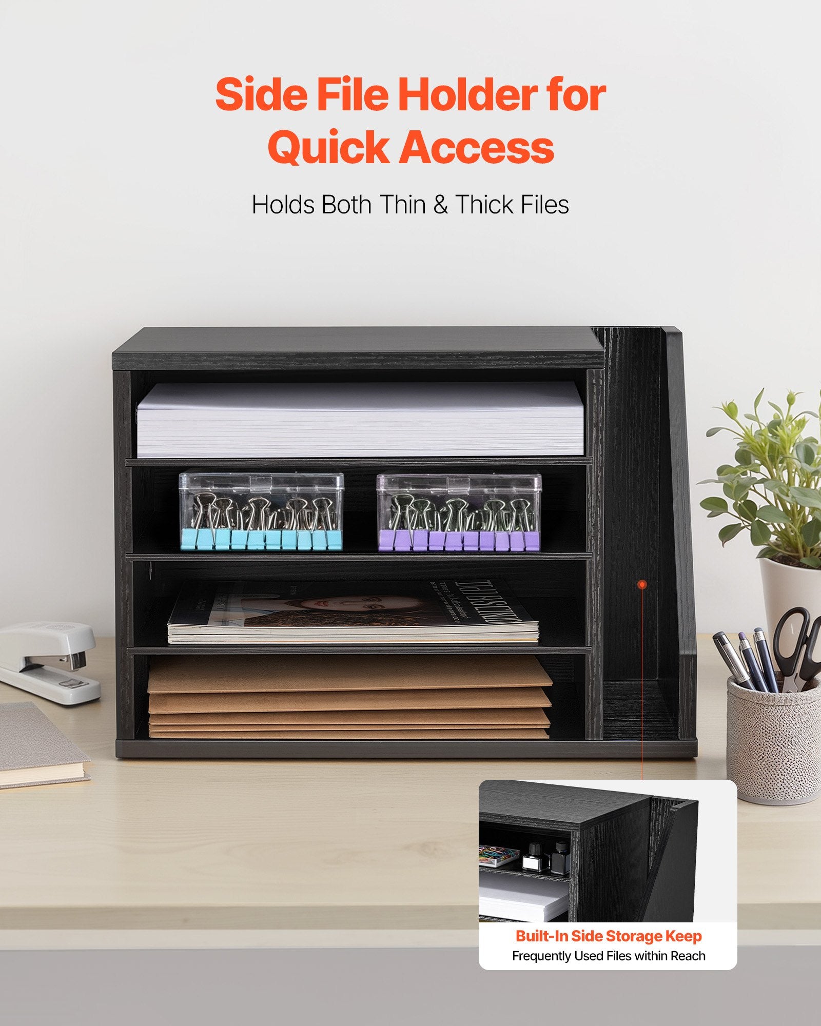 4-Compartment Wooden Literature Organizer with Detachable Shelves, Vertical Storage, Office Mailbox Sorter for Files, Documents, Black MDF Countertop Organizer