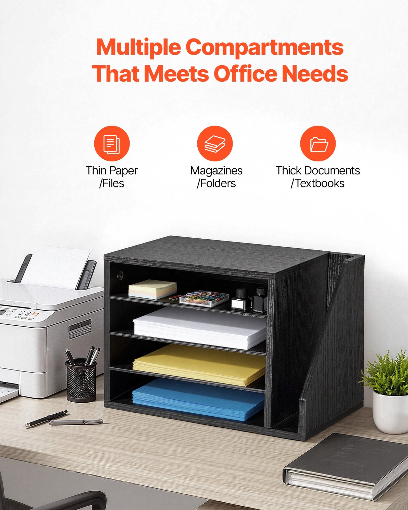 4-Compartment Wooden Literature Organizer with Detachable Shelves, Vertical Storage, Office Mailbox Sorter for Files, Documents, Black MDF Countertop Organizer