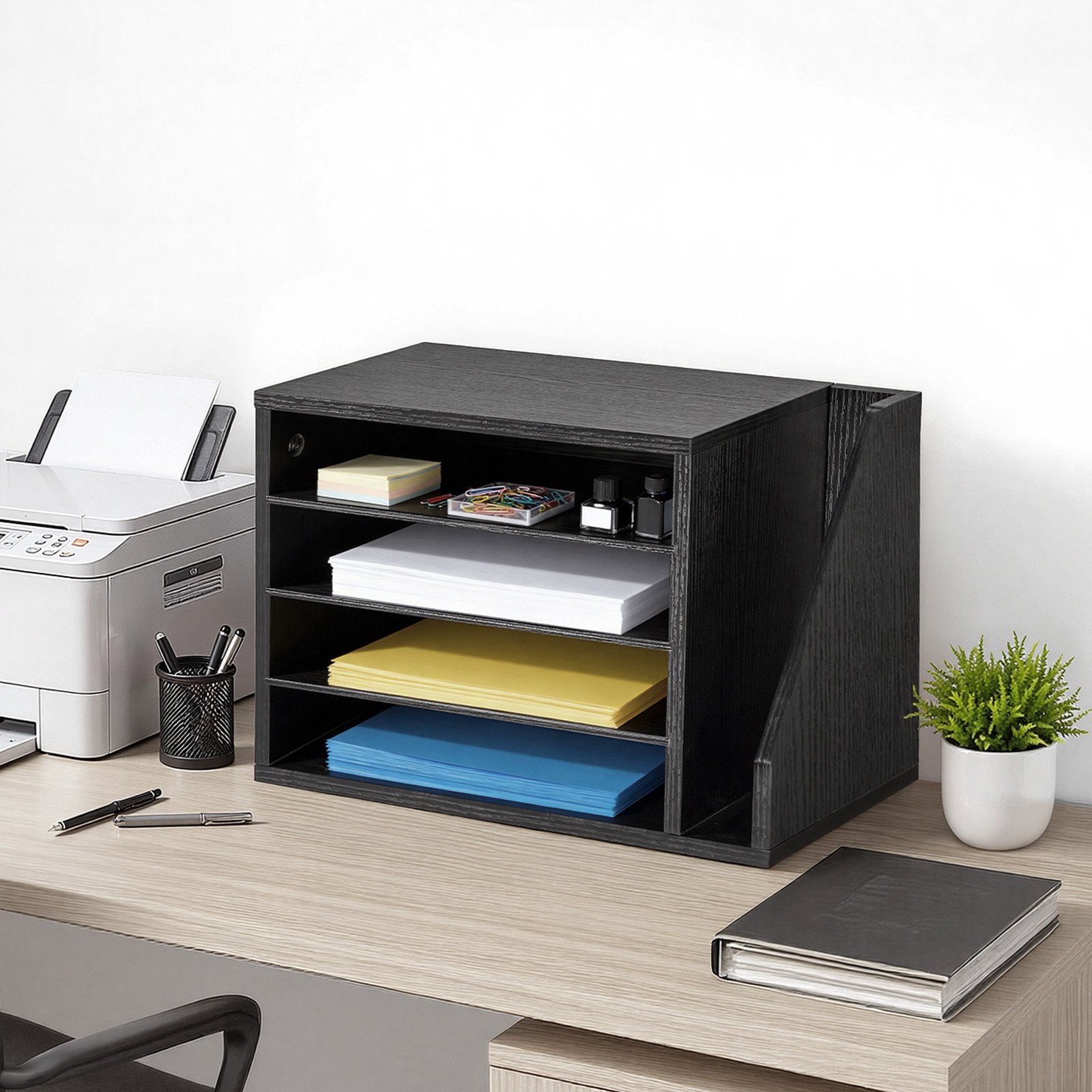 4-Compartment Wooden Literature Organizer with Detachable Shelves, Vertical Storage, Office Mailbox Sorter for Files, Documents, Black MDF Countertop Organizer