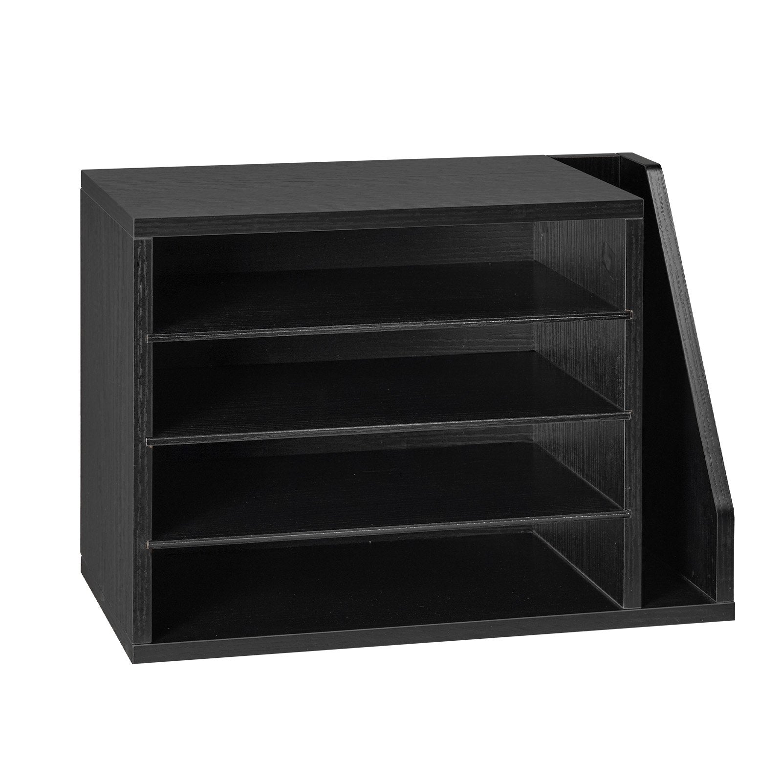 4-Compartment Wooden Literature Organizer with Detachable Shelves, Vertical Storage, Office Mailbox Sorter for Files, Documents, Black MDF Countertop Organizer