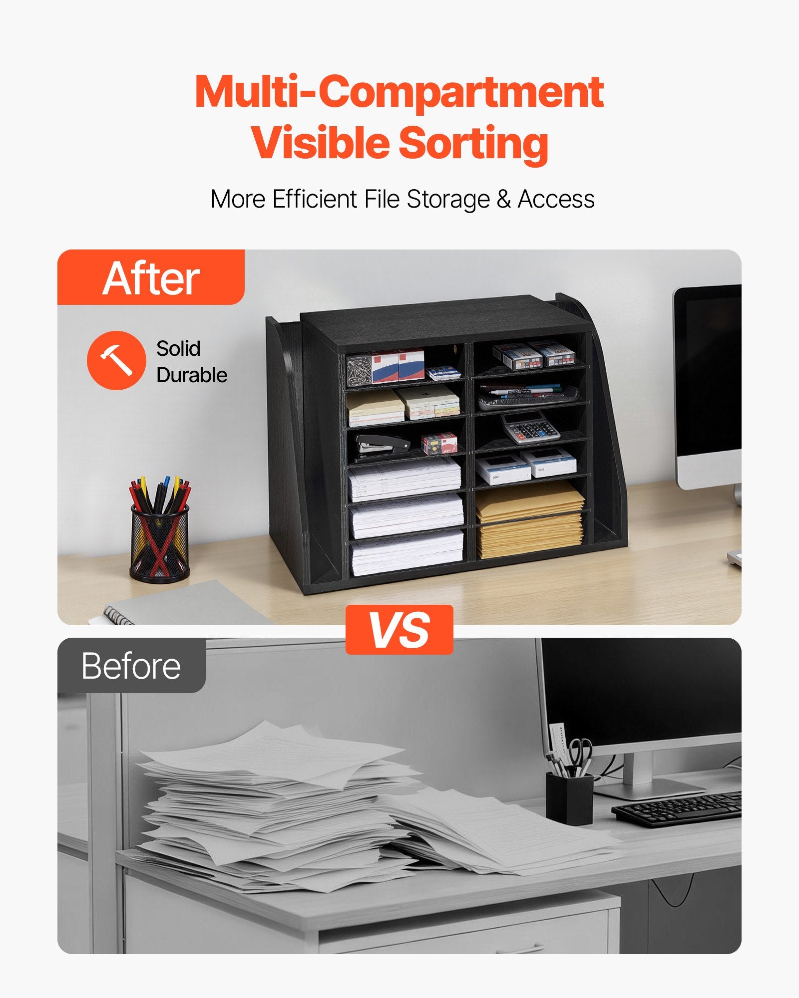 12-Compartment Wooden Mailbox Sorter with Vertical Storage - Office Literature Organizer for Files, Documents, and Papers, Black MDF Countertop Solution