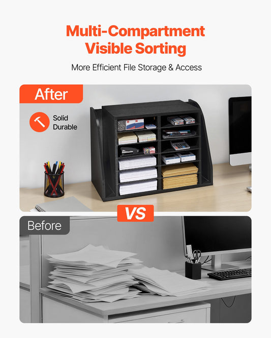 12-Compartment Wooden Mailbox Sorter with Vertical Storage - Office Literature Organizer for Files, Documents, and Papers, Black MDF Countertop Solution