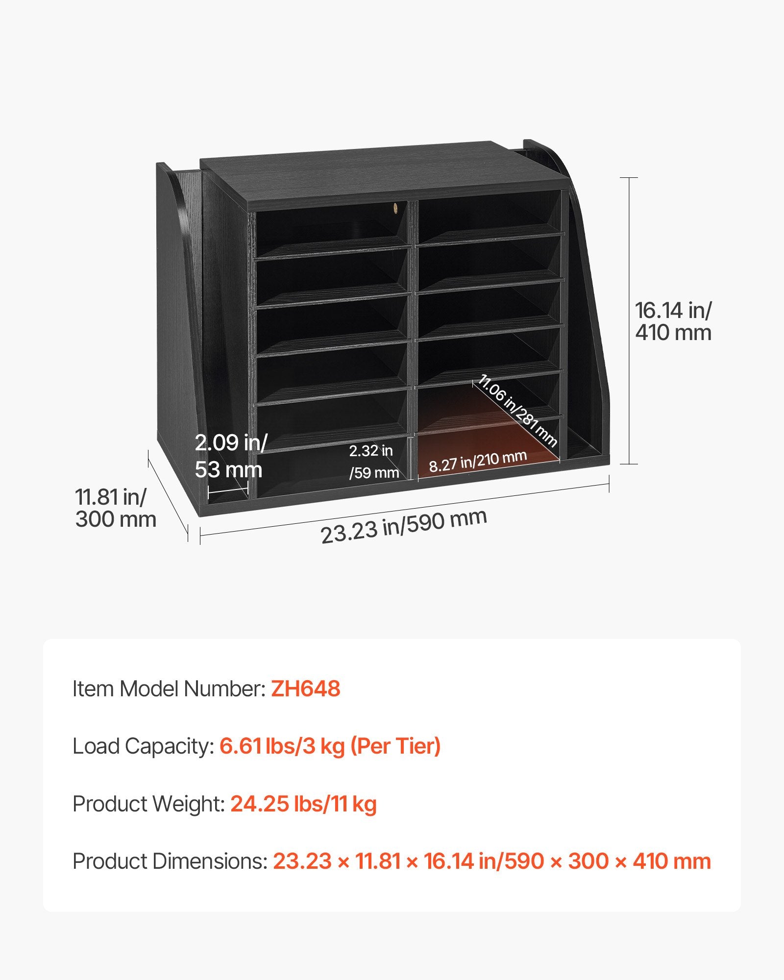 12-Compartment Wooden Mailbox Sorter with Vertical Storage - Office Literature Organizer for Files, Documents, and Papers, Black MDF Countertop Solution