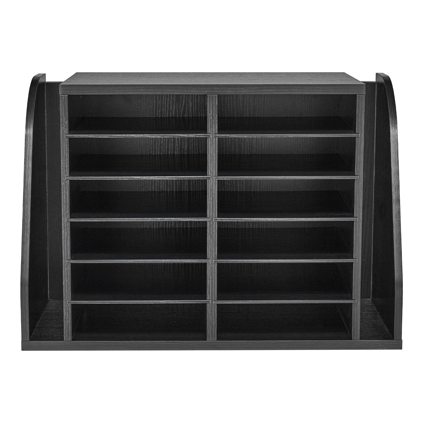 12-Compartment Wooden Mailbox Sorter with Vertical Storage - Office Literature Organizer for Files, Documents, and Papers, Black MDF Countertop Solution