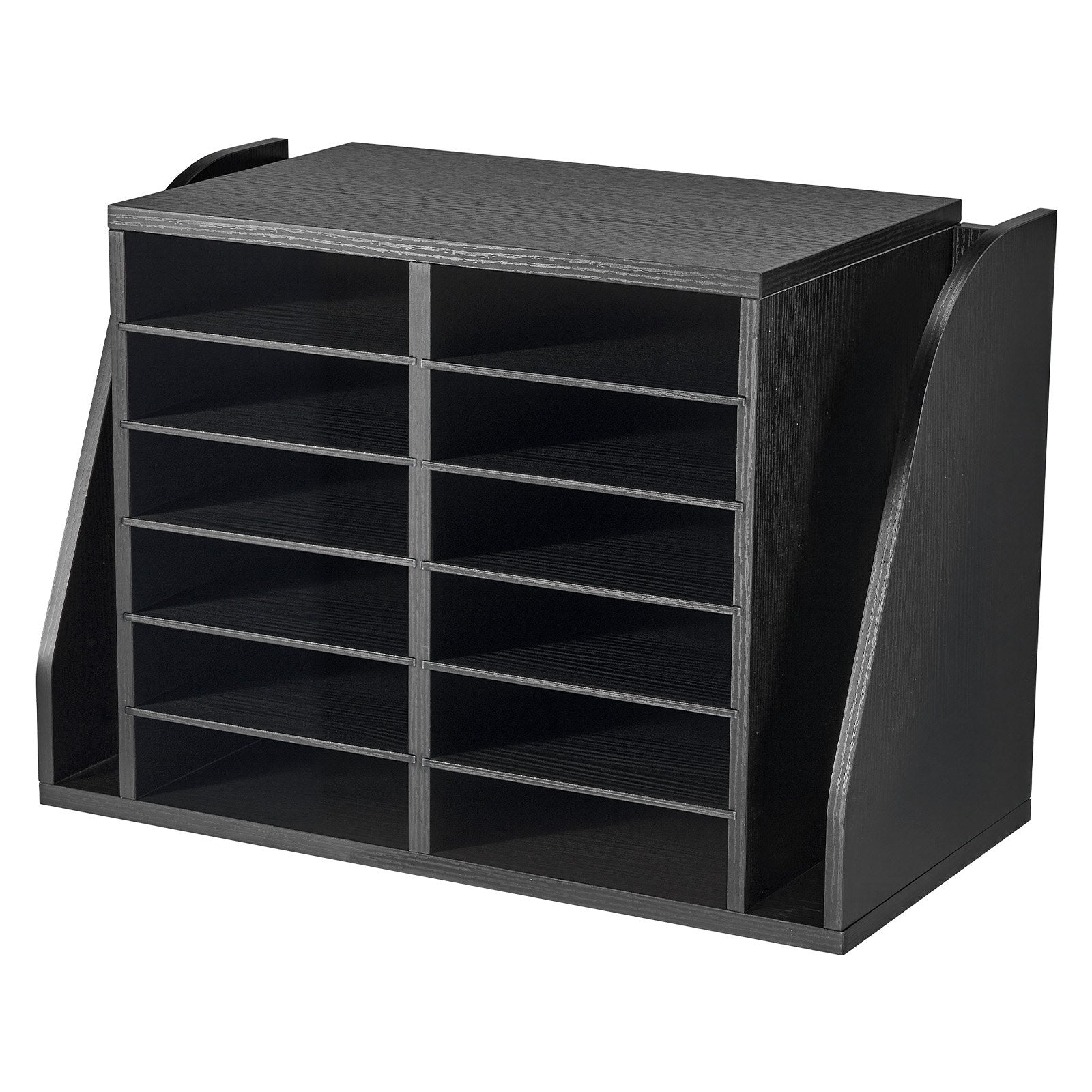 12-Compartment Wooden Mailbox Sorter with Vertical Storage - Office Literature Organizer for Files, Documents, and Papers, Black MDF Countertop Solution