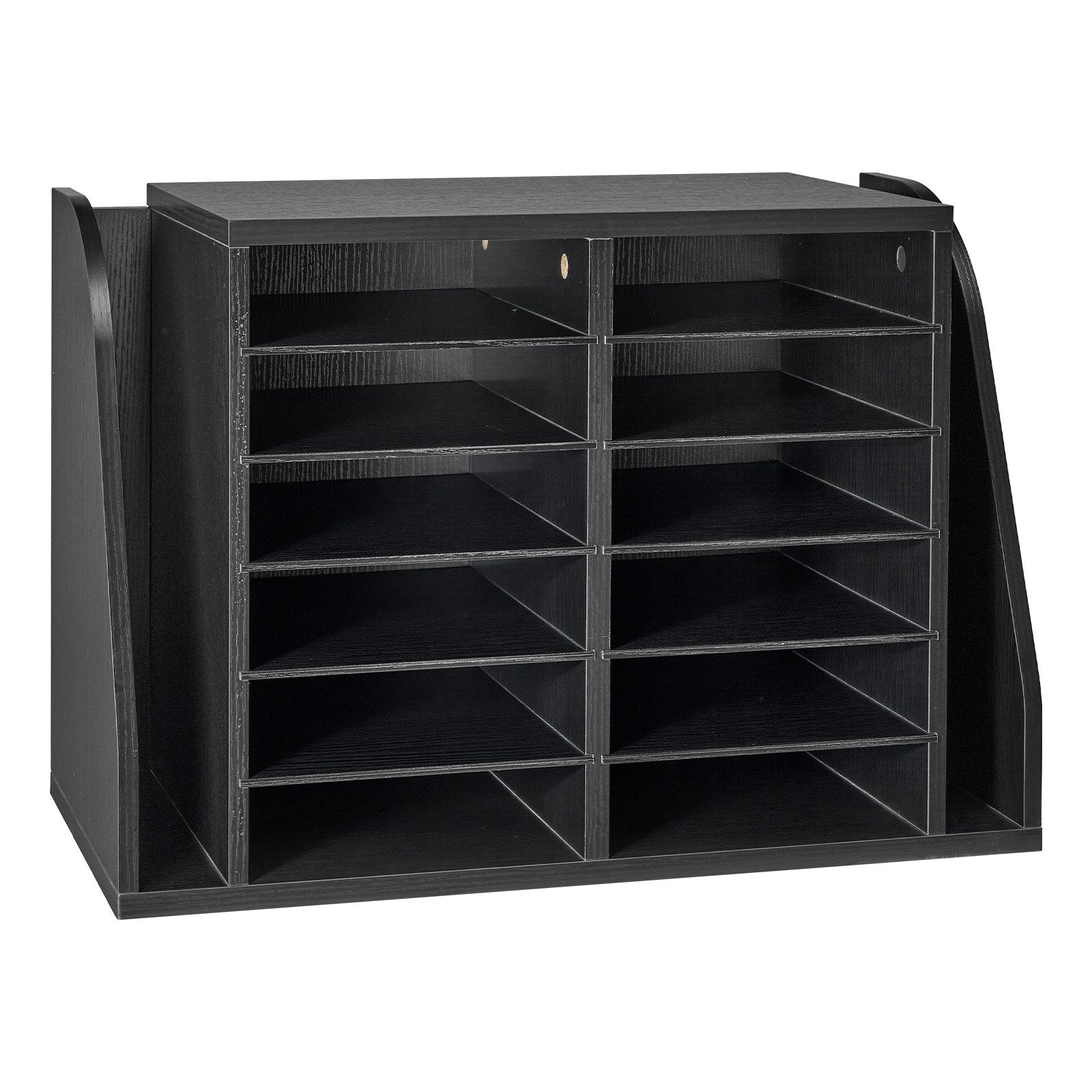 12-Compartment Wooden Mailbox Sorter with Vertical Storage - Office Literature Organizer for Files, Documents, and Papers, Black MDF Countertop Solution