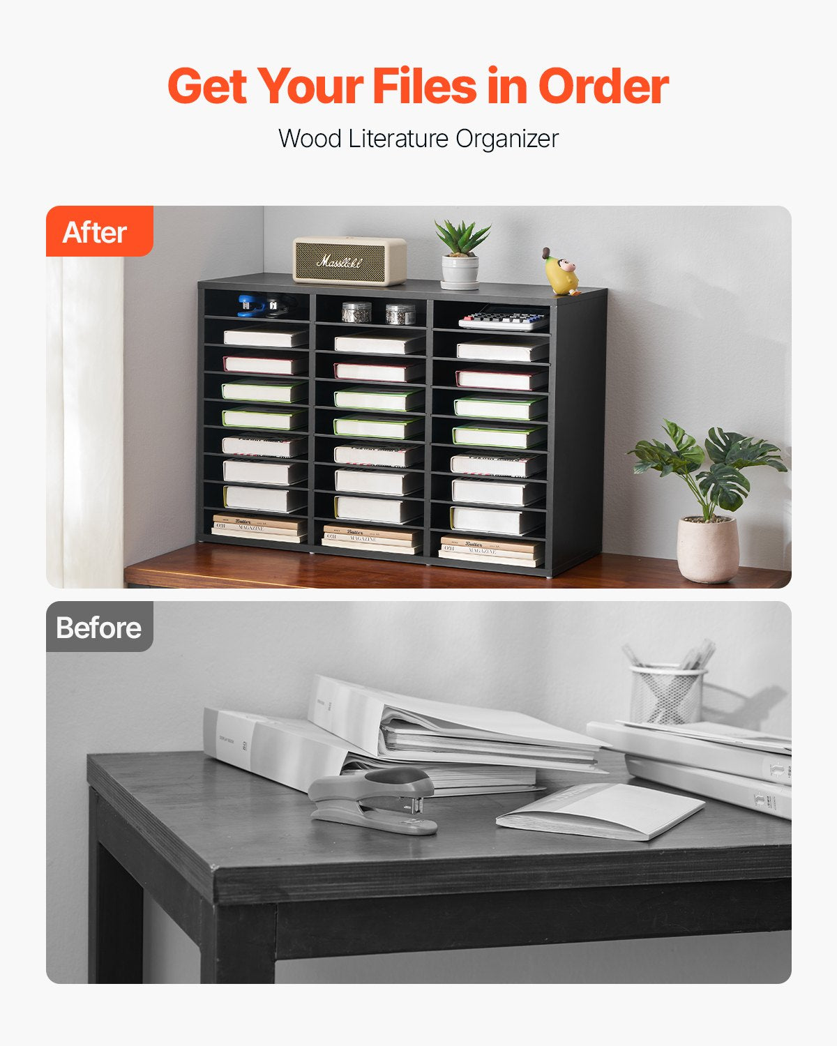 27-Compartment Wooden Literature Organizer & Mailbox Sorter with Removable Shelves for Office, Home, Classroom – Black File, Document, Paper Storage Solution