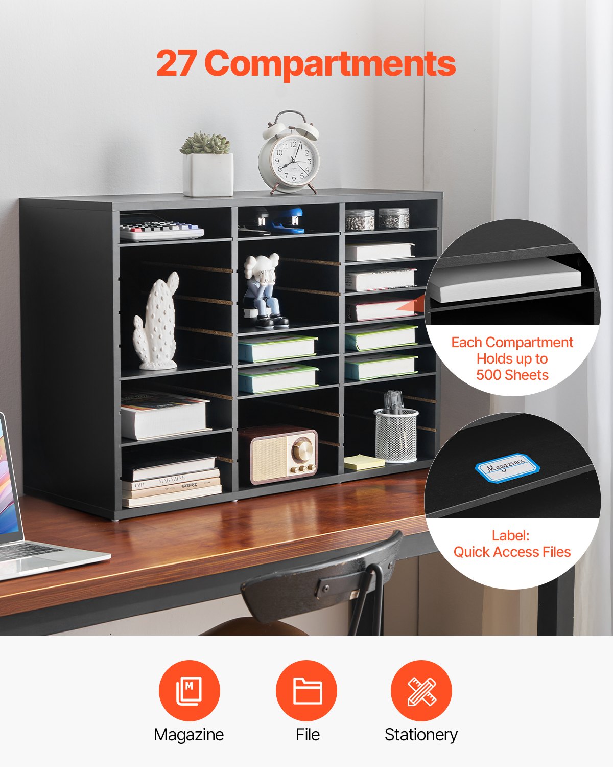 27-Compartment Wooden Literature Organizer & Mailbox Sorter with Removable Shelves for Office, Home, Classroom – Black File, Document, Paper Storage Solution
