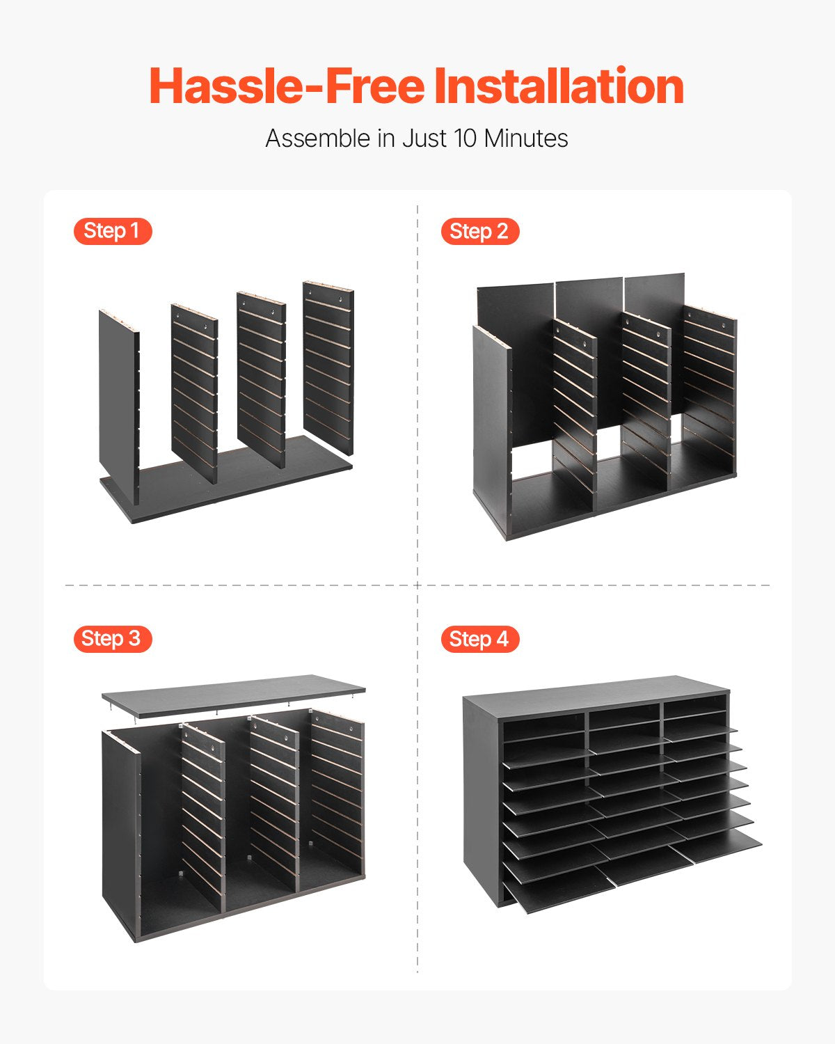 27-Compartment Wooden Literature Organizer & Mailbox Sorter with Removable Shelves for Office, Home, Classroom – Black File, Document, Paper Storage Solution