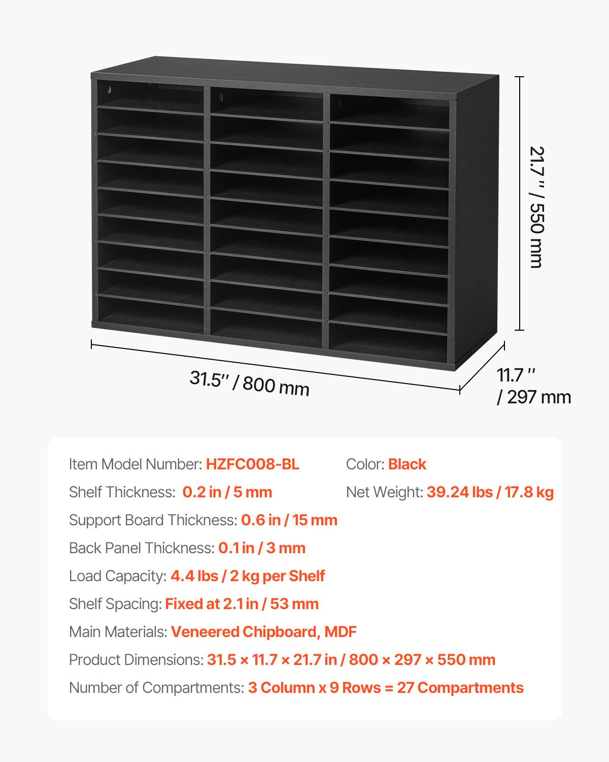 27-Compartment Wooden Literature Organizer & Mailbox Sorter with Removable Shelves for Office, Home, Classroom – Black File, Document, Paper Storage Solution