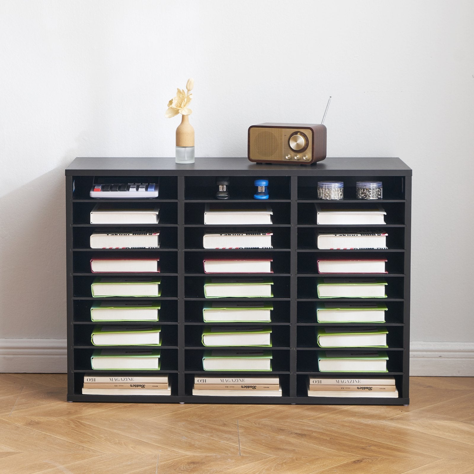 27-Compartment Wooden Literature Organizer & Mailbox Sorter with Removable Shelves for Office, Home, Classroom – Black File, Document, Paper Storage Solution