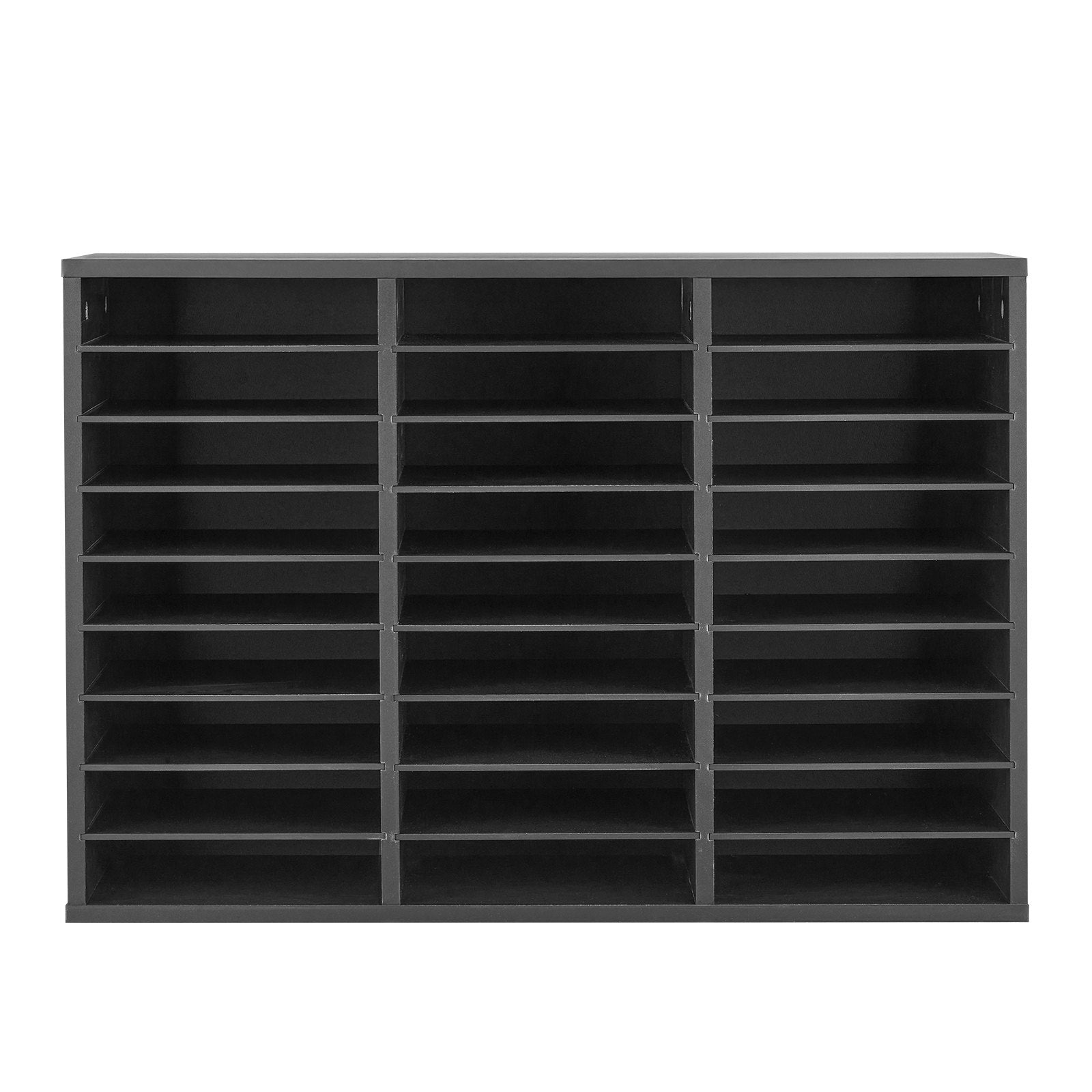 27-Compartment Wooden Literature Organizer & Mailbox Sorter with Removable Shelves for Office, Home, Classroom – Black File, Document, Paper Storage Solution