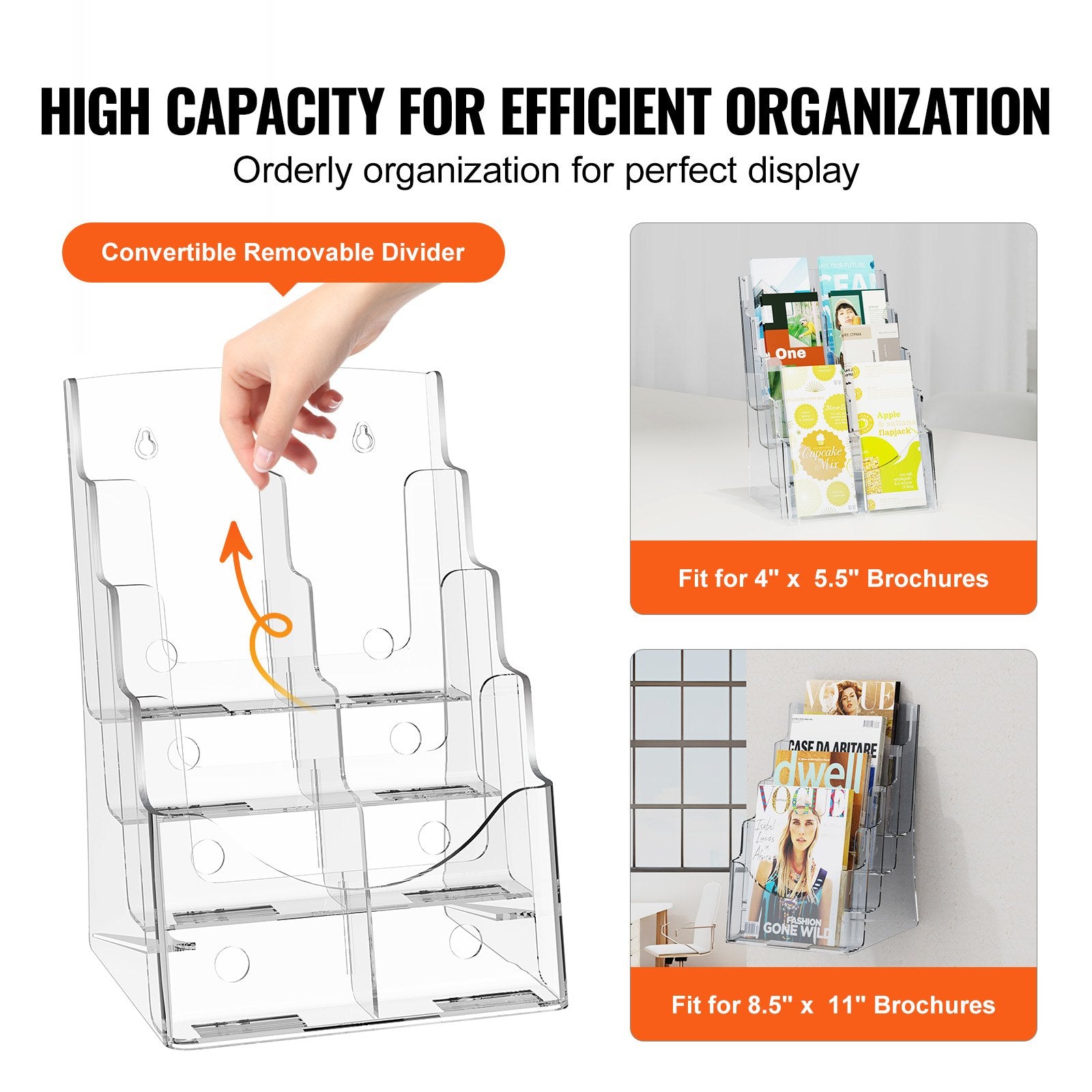 4-Tier Acrylic Brochure Holder, Clear 8.5 x 11 Literature Display Stand with Removable Divider for Office, Exhibition, Wall Mount or Countertop