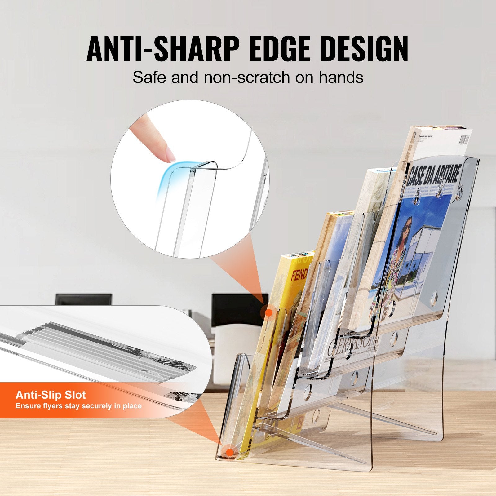 4-Tier Acrylic Brochure Holder, Clear 8.5 x 11 Literature Display Stand with Removable Divider for Office, Exhibition, Wall Mount or Countertop