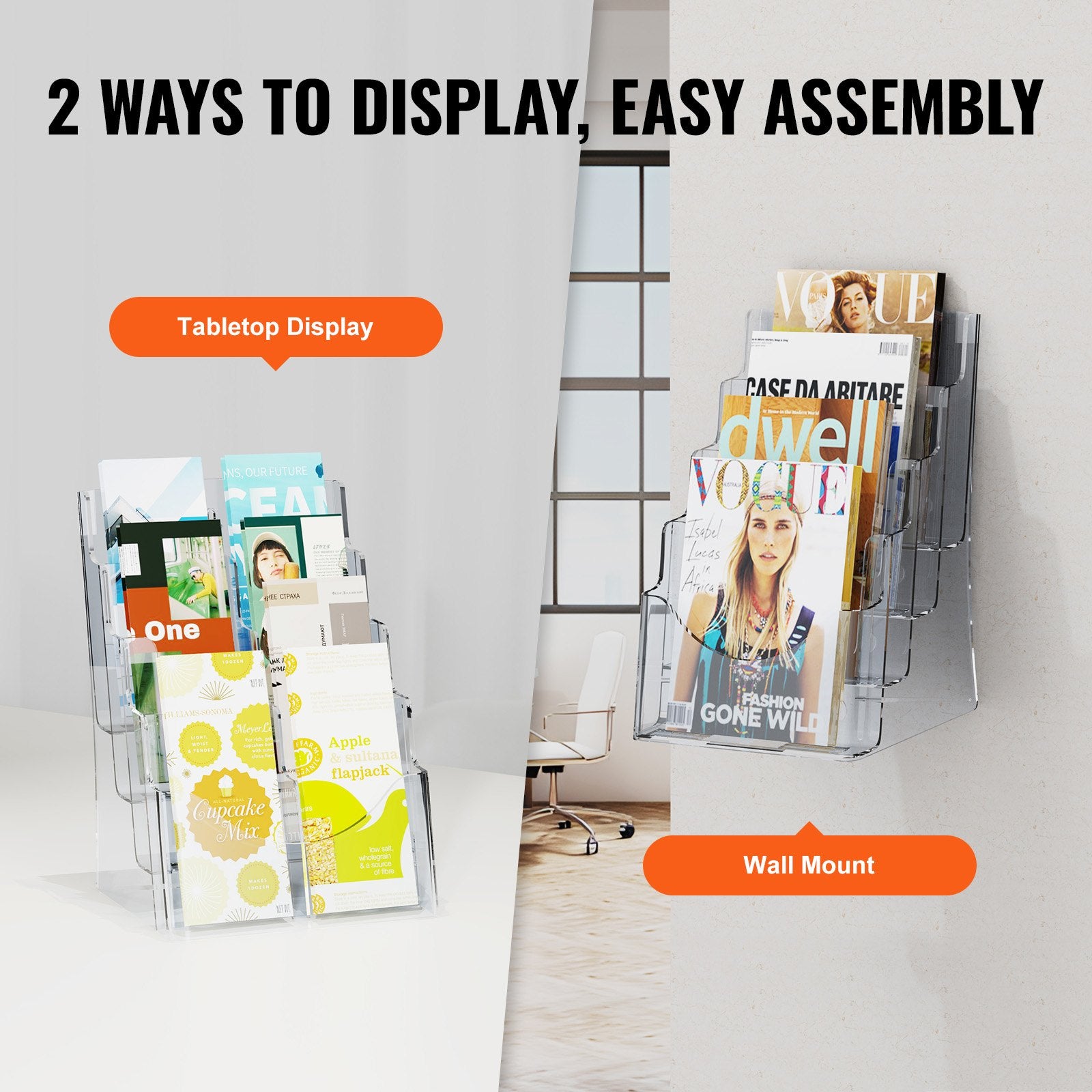 4-Tier Acrylic Brochure Holder, Clear 8.5 x 11 Literature Display Stand with Removable Divider for Office, Exhibition, Wall Mount or Countertop