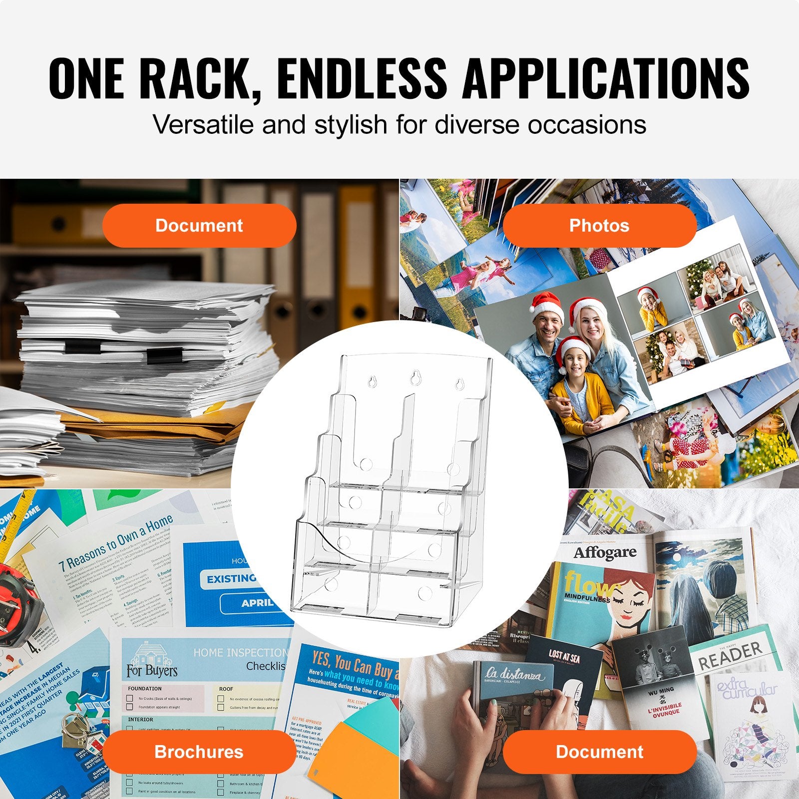 4-Tier Acrylic Brochure Holder, Clear 8.5 x 11 Literature Display Stand with Removable Divider for Office, Exhibition, Wall Mount or Countertop