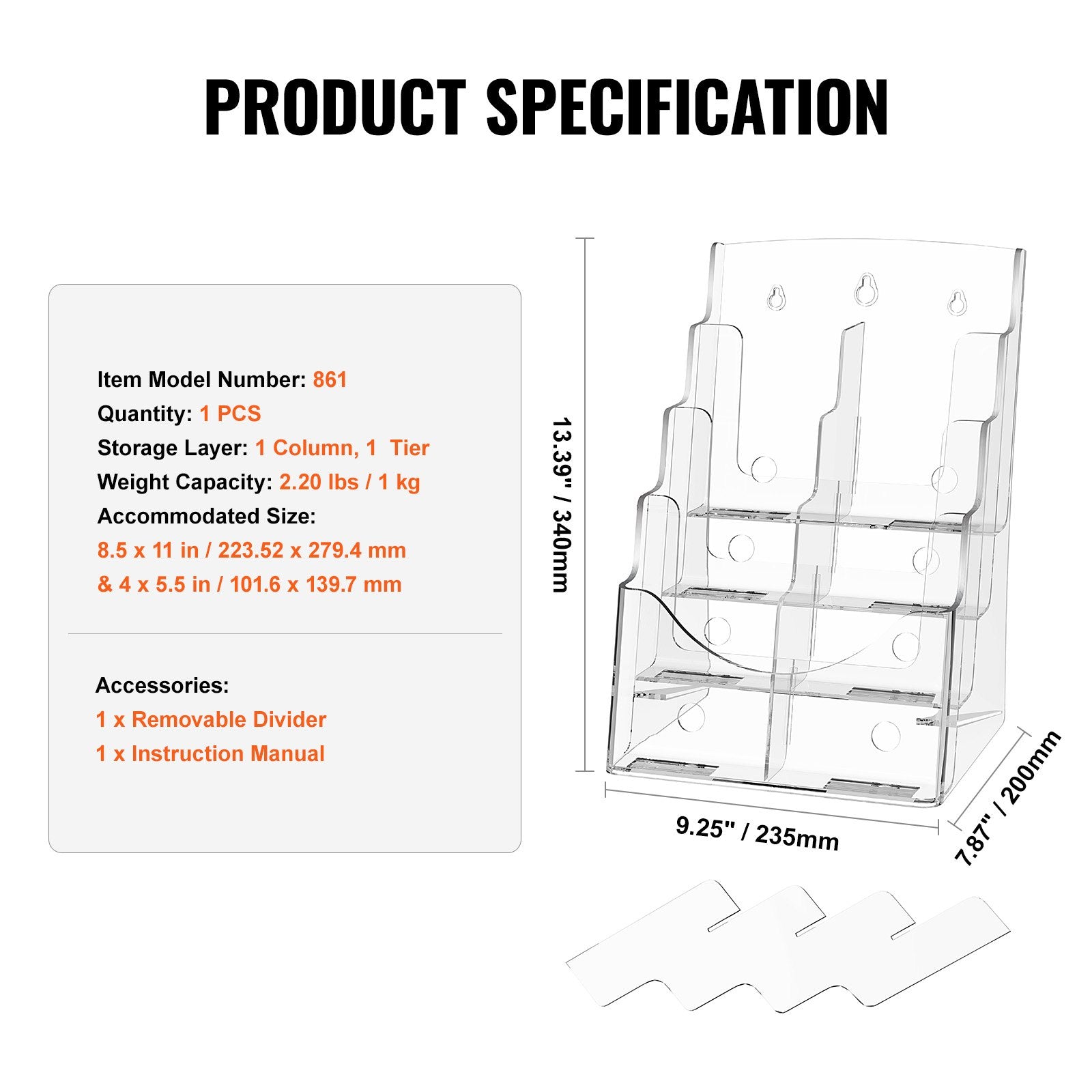 4-Tier Acrylic Brochure Holder, Clear 8.5 x 11 Literature Display Stand with Removable Divider for Office, Exhibition, Wall Mount or Countertop