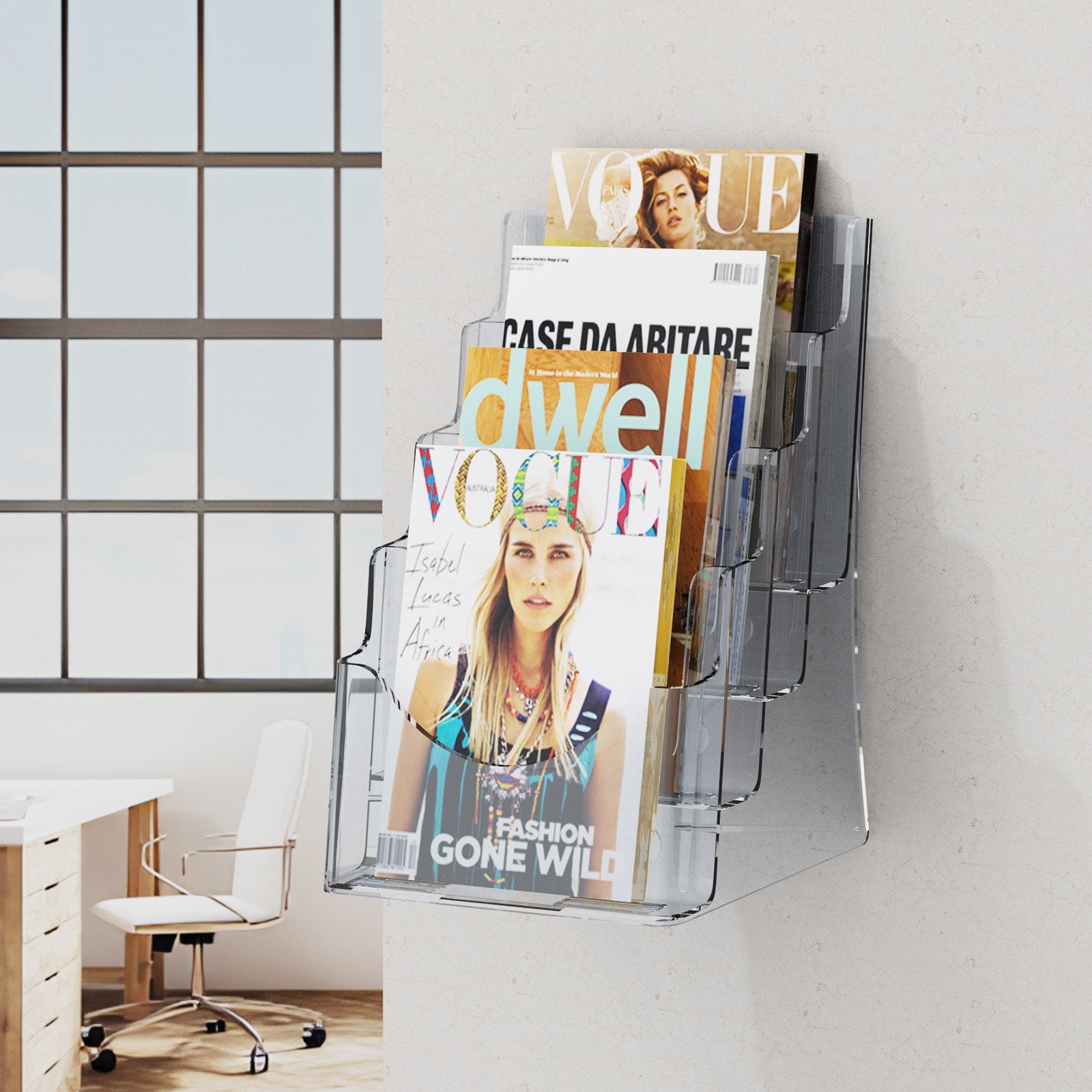 4-Tier Acrylic Brochure Holder, Clear 8.5 x 11 Literature Display Stand with Removable Divider for Office, Exhibition, Wall Mount or Countertop
