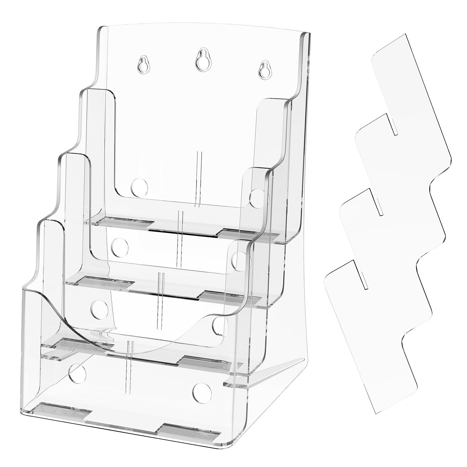 4-Tier Acrylic Brochure Holder, Clear 8.5 x 11 Literature Display Stand with Removable Divider for Office, Exhibition, Wall Mount or Countertop