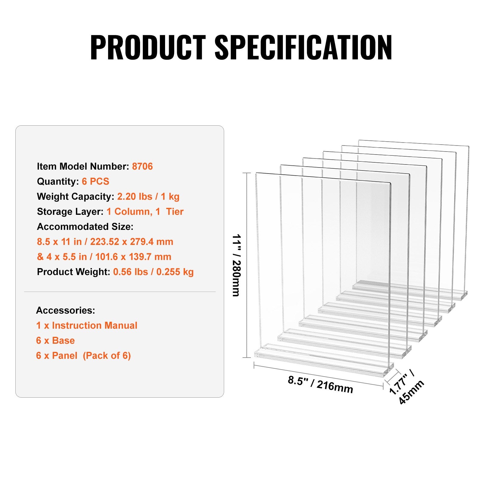 6 Pack Acrylic Sign Holders - Double Sided 8.5x11" Display Stands for Brochures, Menus, Photos - Ideal for Restaurants, Offices, Weddings, Bars