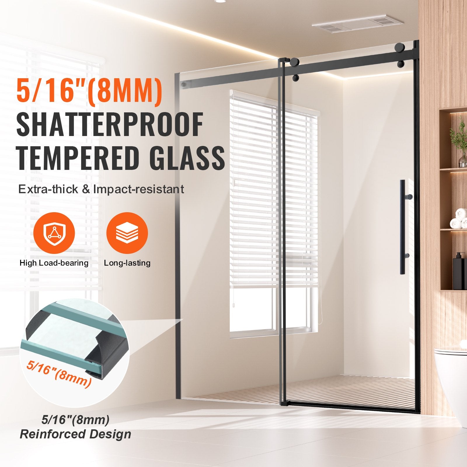 Frameless Matte Black Sliding Shower Door, 58-59 W x 75 H in, with 8mm Tempered Glass, Shatterproof, Stainproof, Waterproof and Durable Stainless Steel Hardware
