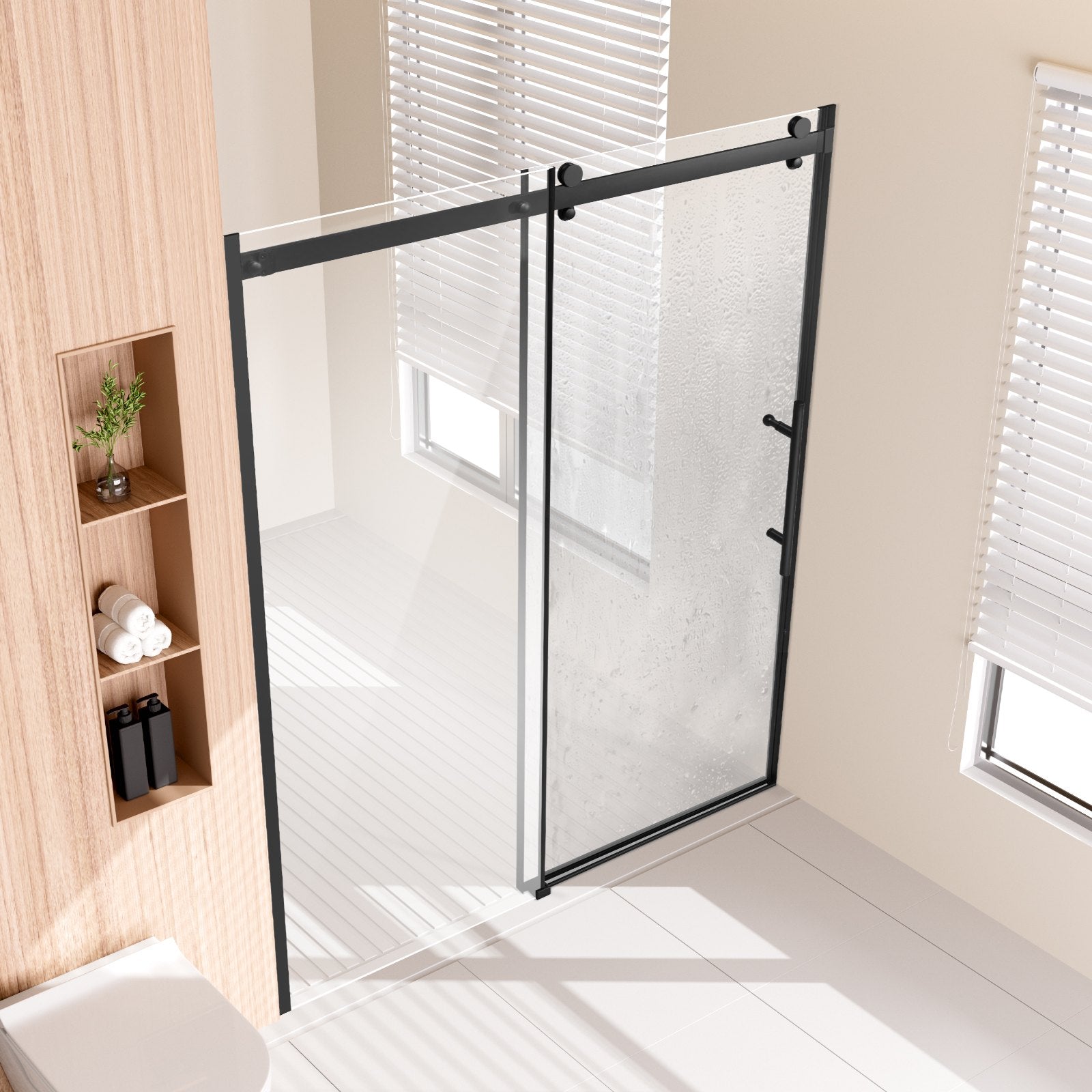 Frameless Matte Black Sliding Shower Door, 58-59 W x 75 H in, with 8mm Tempered Glass, Shatterproof, Stainproof, Waterproof and Durable Stainless Steel Hardware