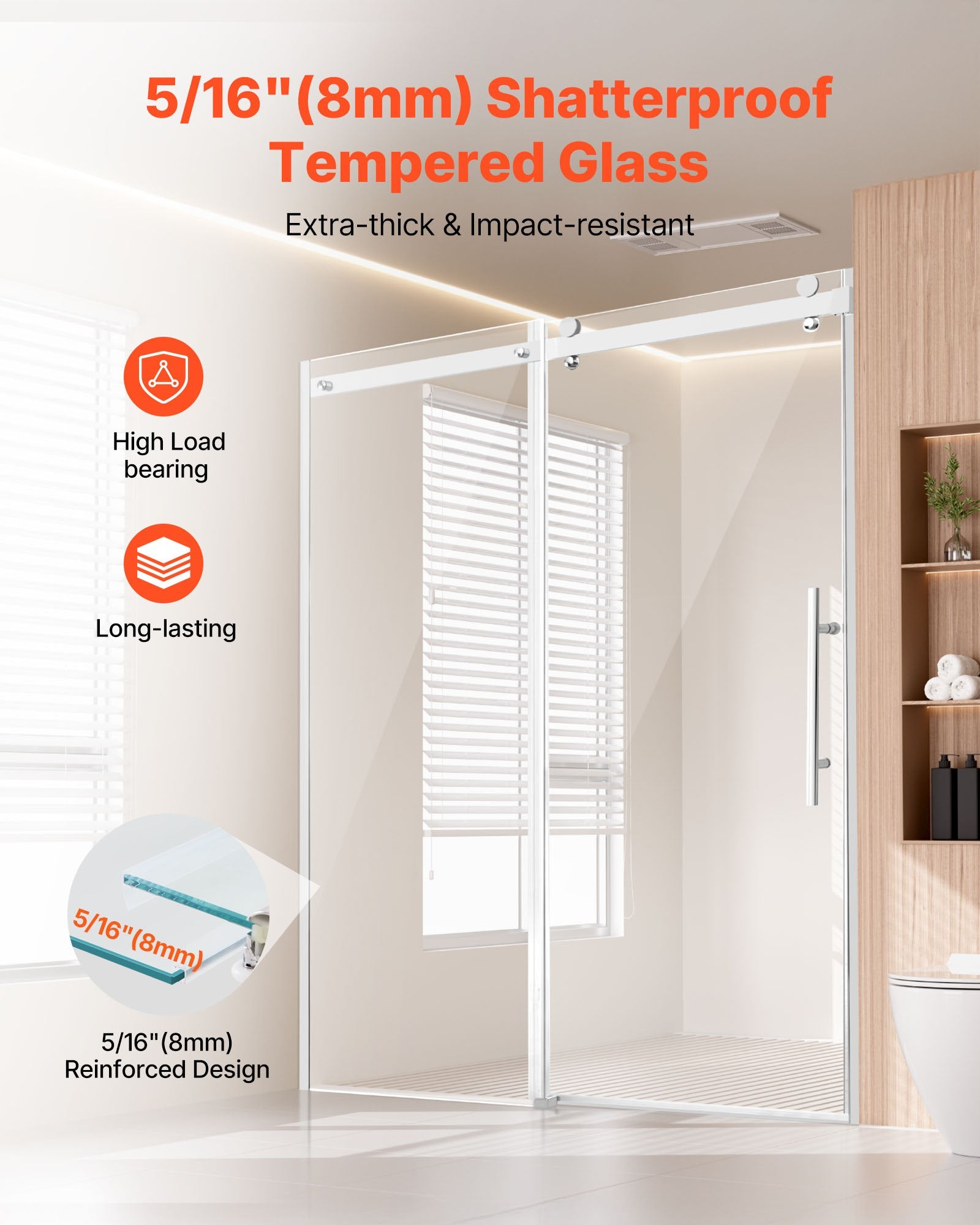 Frameless Sliding Shower Door, 58-59 W x 75 H in, with Clear 8mm Tempered Glass, Waterproof, Shatterproof, NANO Stainproof, Chrome Finish, Stainless Steel and Aluminum Hardware, Double Doors, Integrated Handle, Adjustable Railing Design
