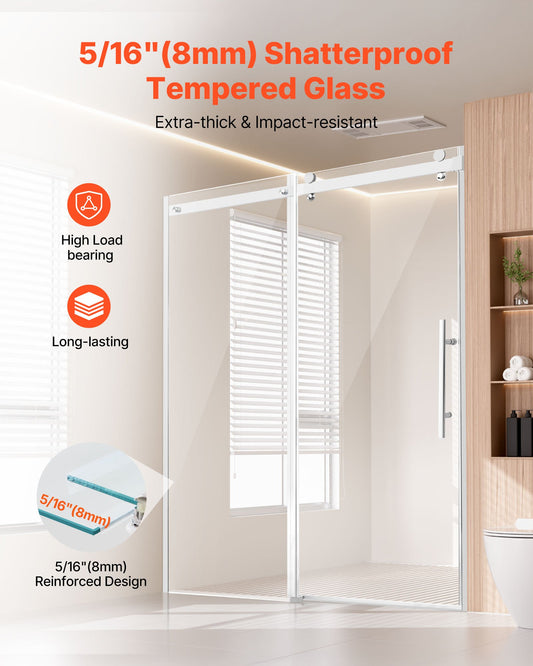 Frameless Sliding Shower Door, 58-59 W x 75 H in, with Clear 8mm Tempered Glass, Waterproof, Shatterproof, NANO Stainproof, Chrome Finish, Stainless Steel and Aluminum Hardware, Double Doors, Integrated Handle, Adjustable Railing Design