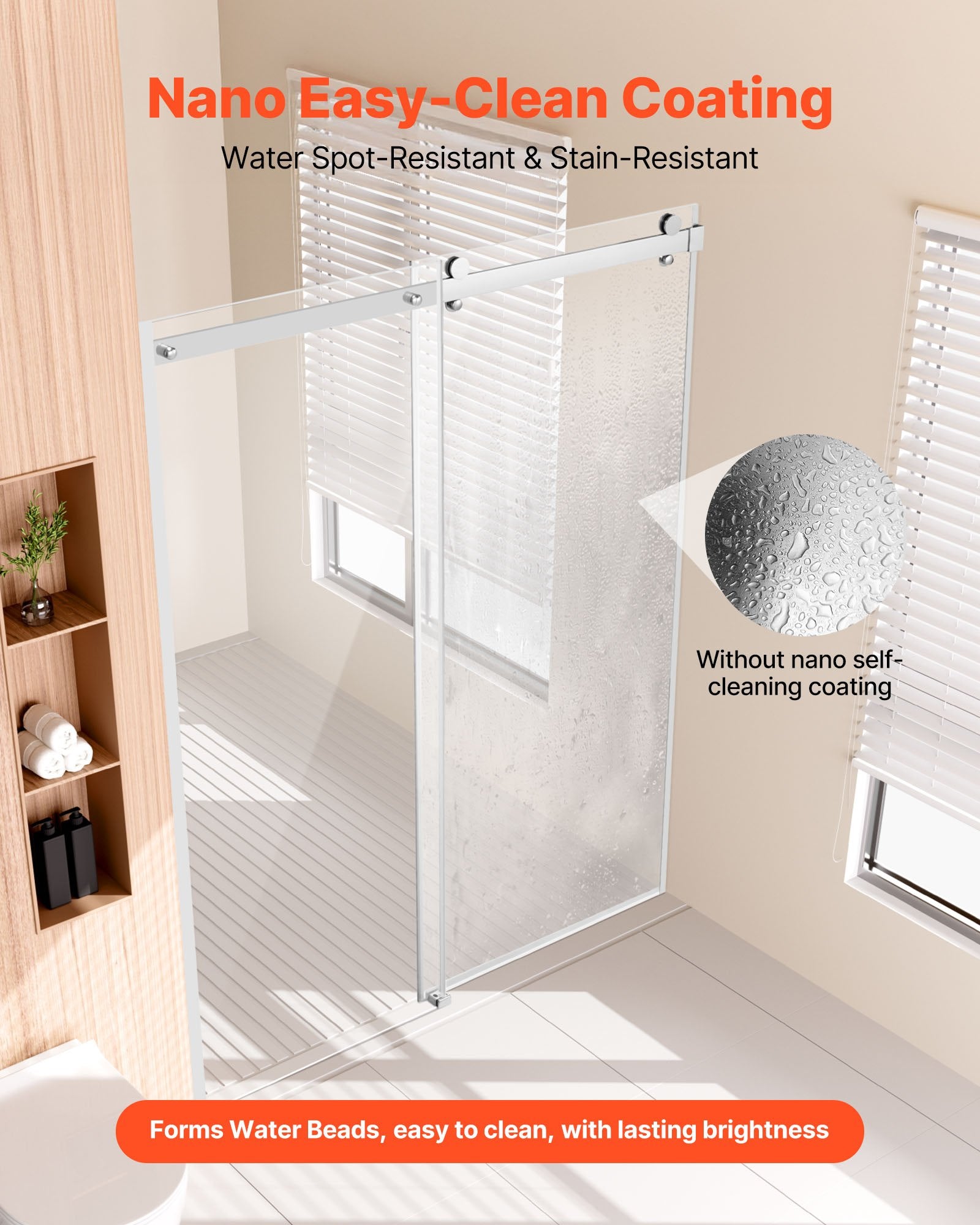 Frameless Sliding Shower Door, 58-59 W x 75 H in, with Clear 8mm Tempered Glass, Waterproof, Shatterproof, NANO Stainproof, Chrome Finish, Stainless Steel and Aluminum Hardware, Double Doors, Integrated Handle, Adjustable Railing Design