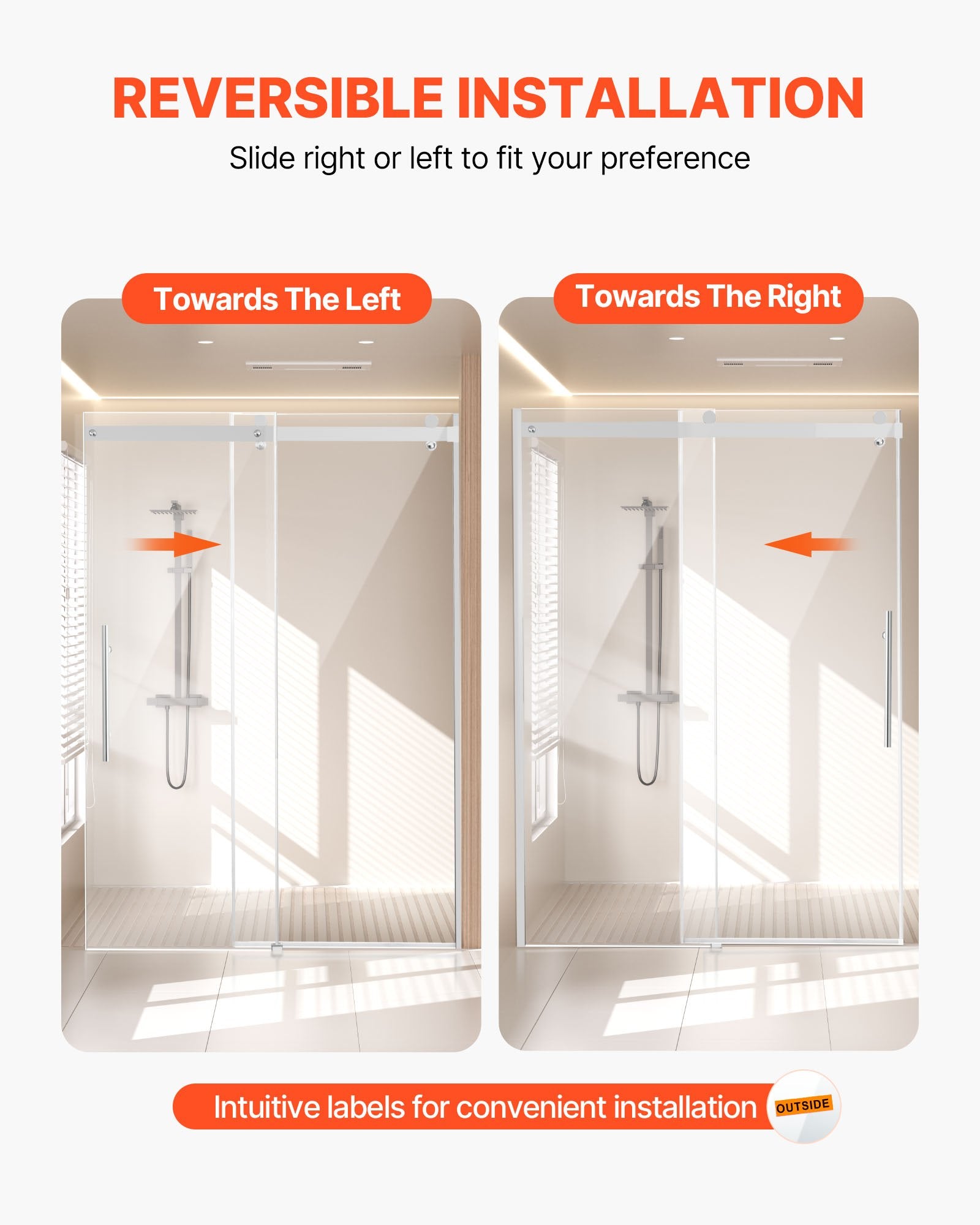 Frameless Sliding Shower Door, 58-59 W x 75 H in, with Clear 8mm Tempered Glass, Waterproof, Shatterproof, NANO Stainproof, Chrome Finish, Stainless Steel and Aluminum Hardware, Double Doors, Integrated Handle, Adjustable Railing Design