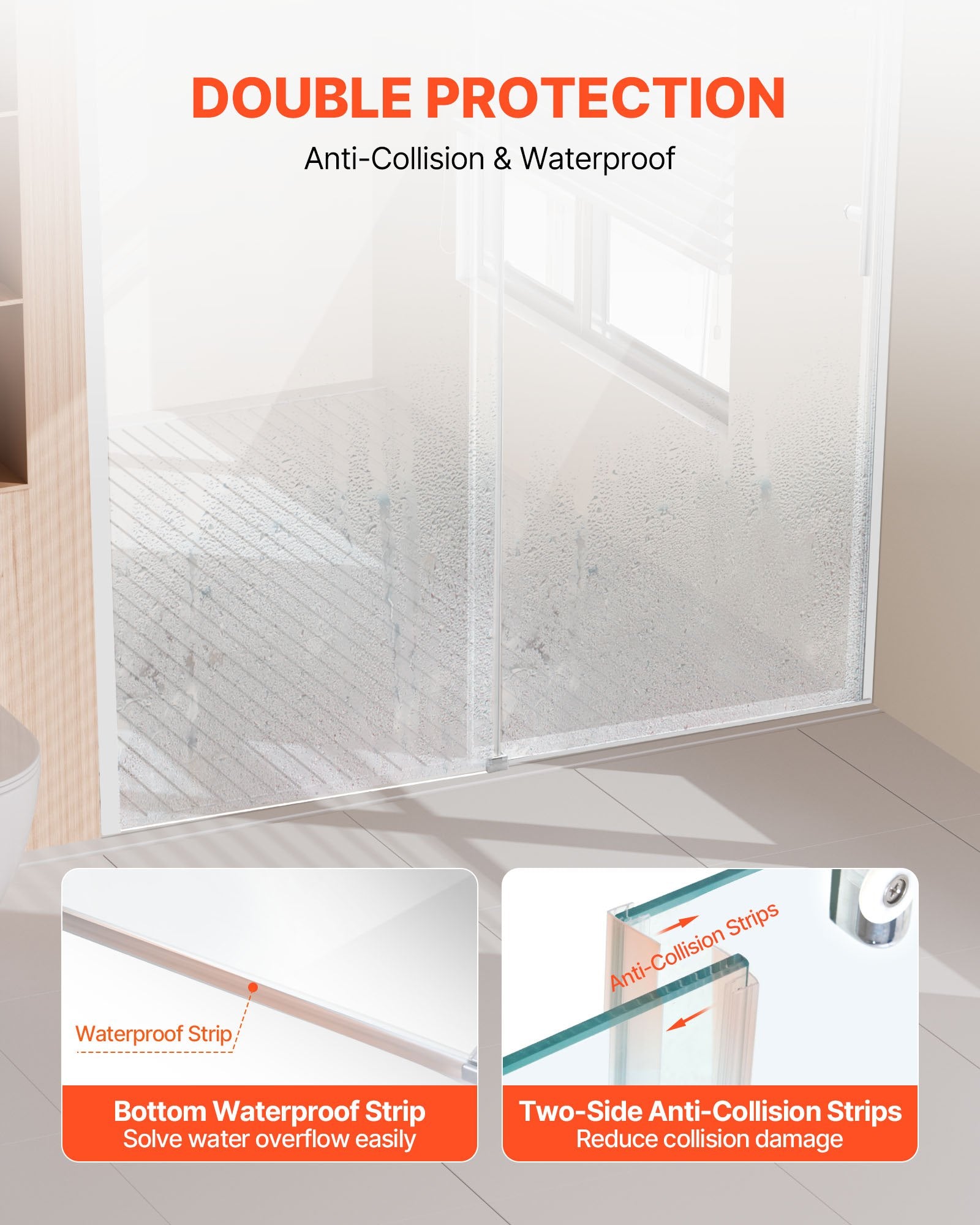 Frameless Sliding Shower Door, 58-59 W x 75 H in, with Clear 8mm Tempered Glass, Waterproof, Shatterproof, NANO Stainproof, Chrome Finish, Stainless Steel and Aluminum Hardware, Double Doors, Integrated Handle, Adjustable Railing Design