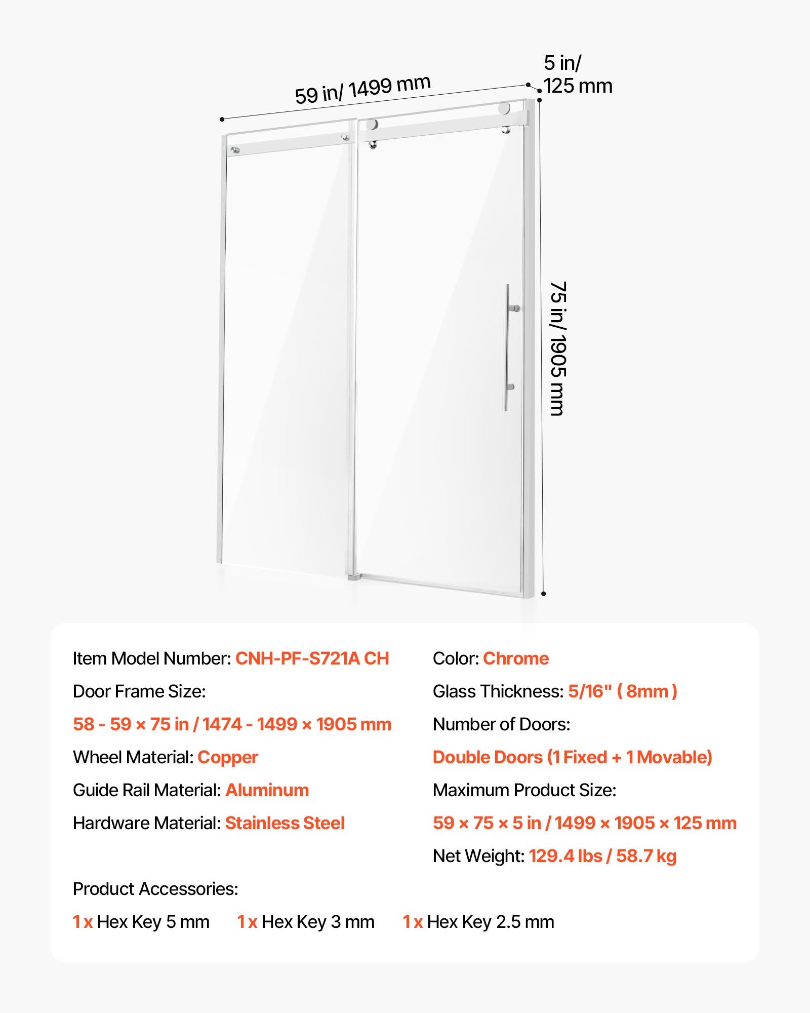 Frameless Sliding Shower Door, 58-59 W x 75 H in, with Clear 8mm Tempered Glass, Waterproof, Shatterproof, NANO Stainproof, Chrome Finish, Stainless Steel and Aluminum Hardware, Double Doors, Integrated Handle, Adjustable Railing Design