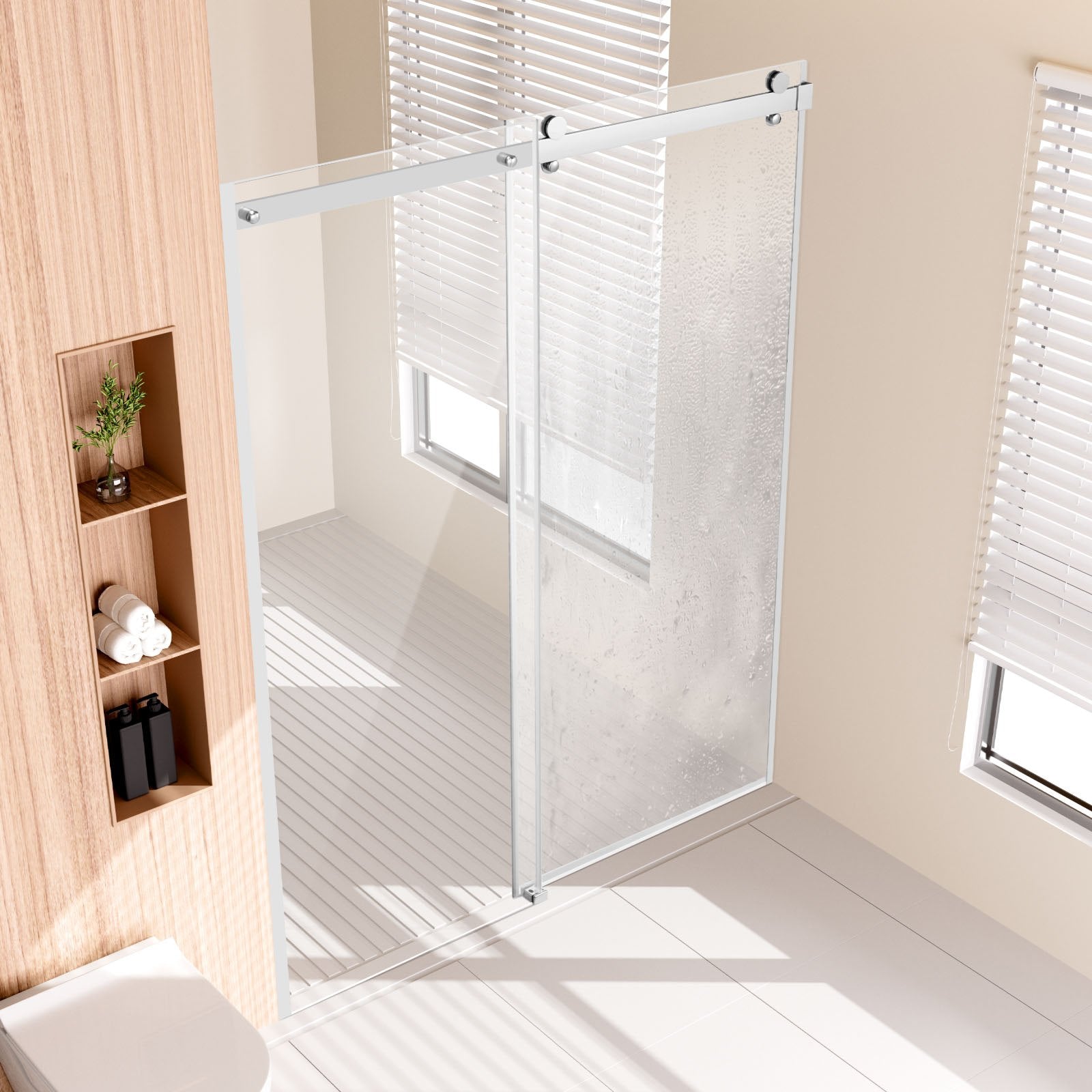 Frameless Sliding Shower Door, 58-59 W x 75 H in, with Clear 8mm Tempered Glass, Waterproof, Shatterproof, NANO Stainproof, Chrome Finish, Stainless Steel and Aluminum Hardware, Double Doors, Integrated Handle, Adjustable Railing Design
