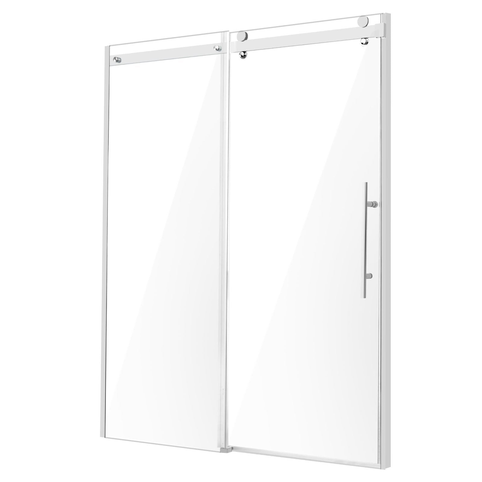 Frameless Sliding Shower Door, 58-59 W x 75 H in, with Clear 8mm Tempered Glass, Waterproof, Shatterproof, NANO Stainproof, Chrome Finish, Stainless Steel and Aluminum Hardware, Double Doors, Integrated Handle, Adjustable Railing Design