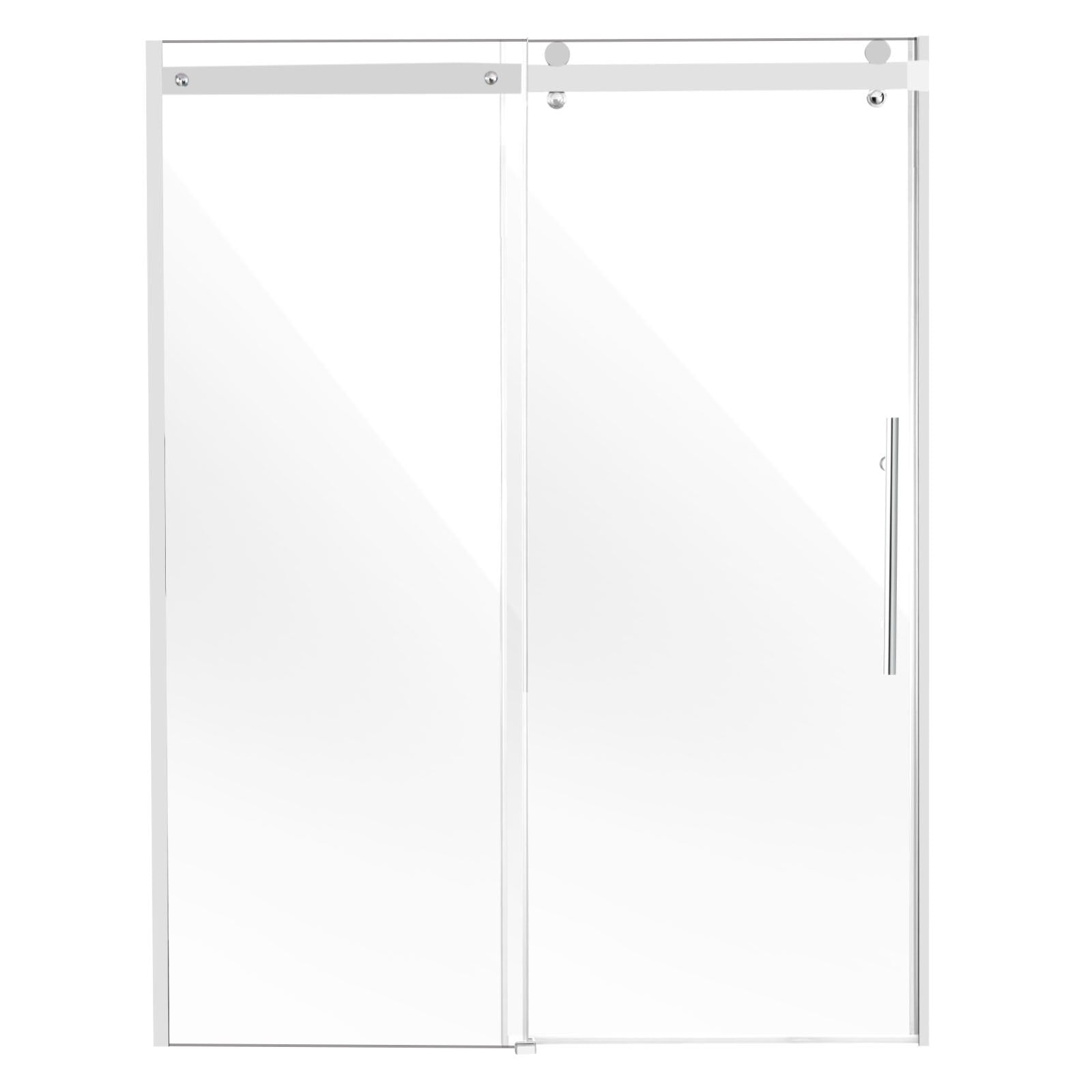 Frameless Sliding Shower Door, 58-59 W x 75 H in, with Clear 8mm Tempered Glass, Waterproof, Shatterproof, NANO Stainproof, Chrome Finish, Stainless Steel and Aluminum Hardware, Double Doors, Integrated Handle, Adjustable Railing Design