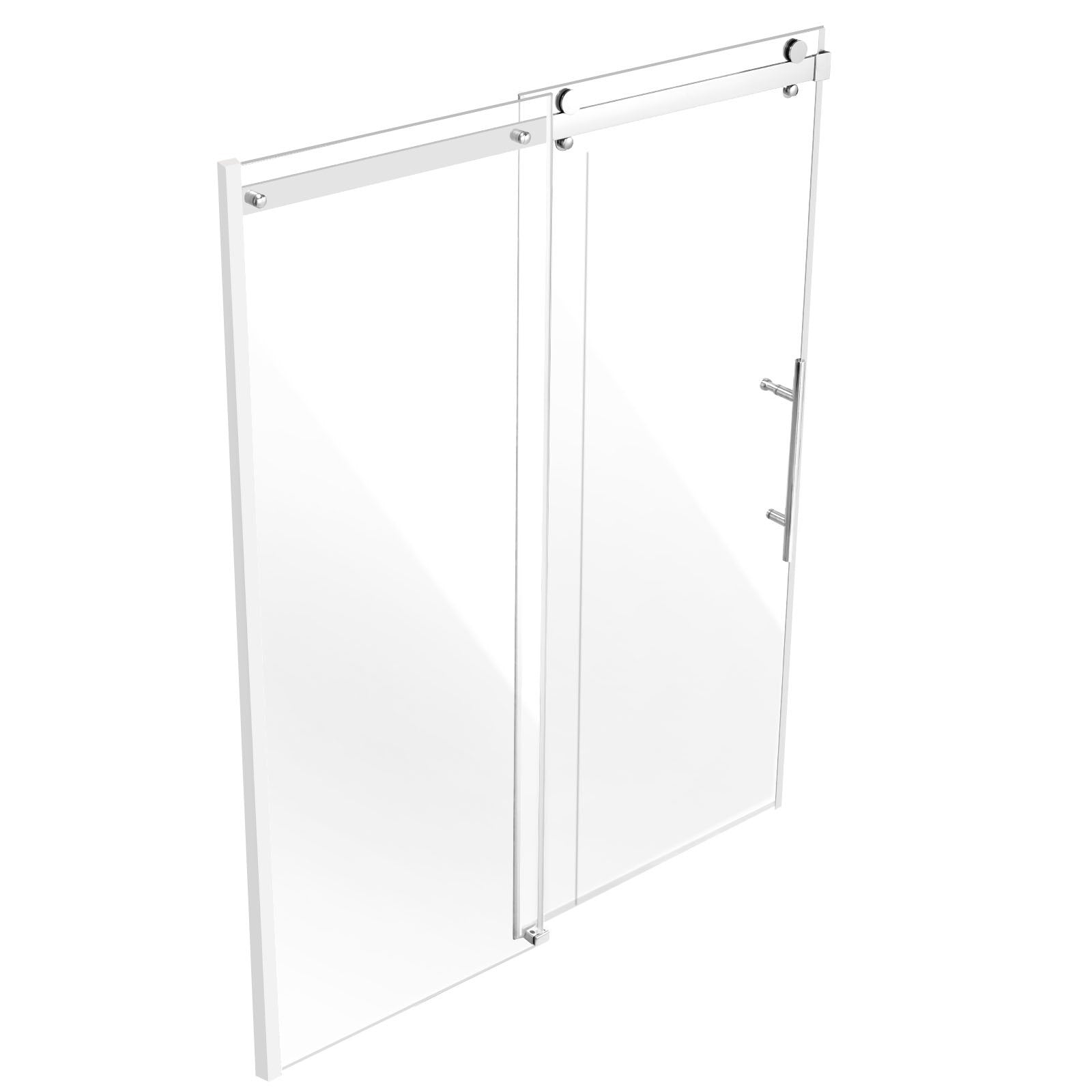 Frameless Sliding Shower Door, 58-59 W x 75 H in, with Clear 8mm Tempered Glass, Waterproof, Shatterproof, NANO Stainproof, Chrome Finish, Stainless Steel and Aluminum Hardware, Double Doors, Integrated Handle, Adjustable Railing Design