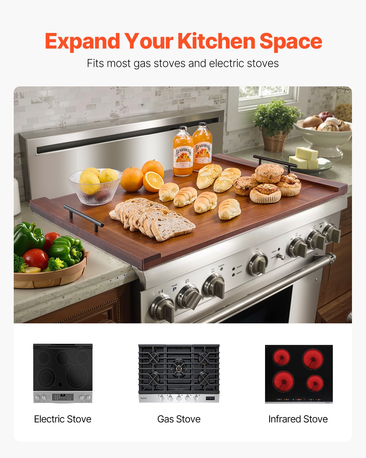 Acacia Wood Noodle Board Stove Top Cover - Versatile Cutting Board for Gas & Electric Stoves, RV & Sink Space Saver with Handles