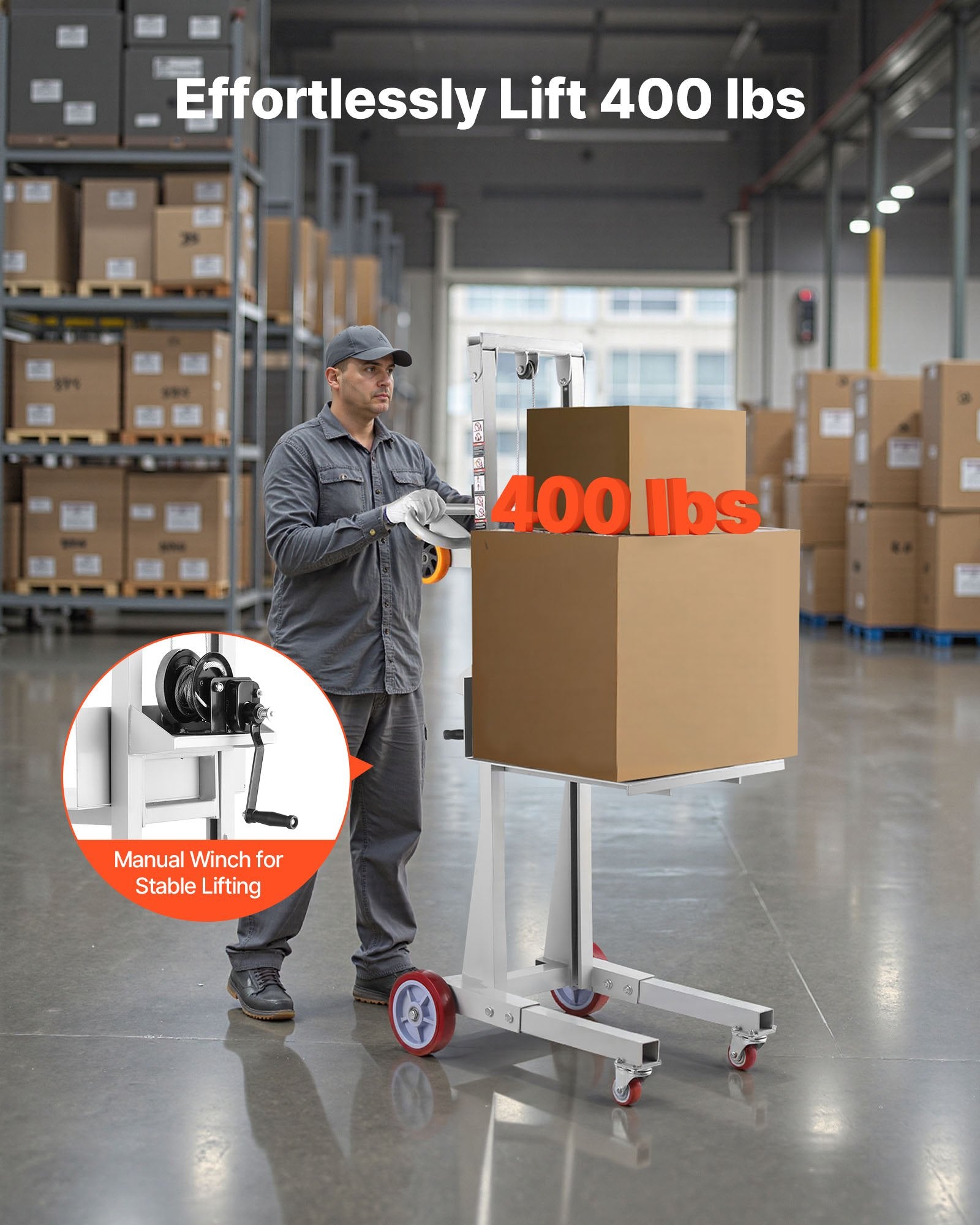 Heavy-Duty 400 lbs Capacity Material Lift Winch Stacker with Adjustable Plate, 51.1 in Max Height, Multifuntional Pallet Truck Dolly